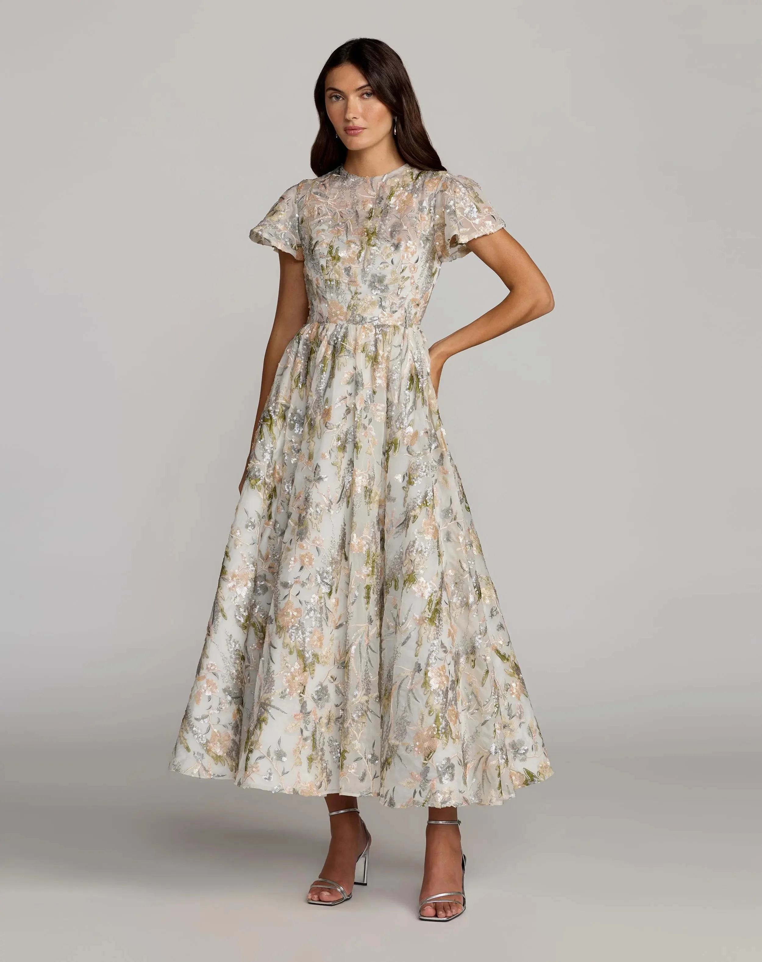 Ivory Flutter Sleeve Sequin A-Line Midi Dress - 1