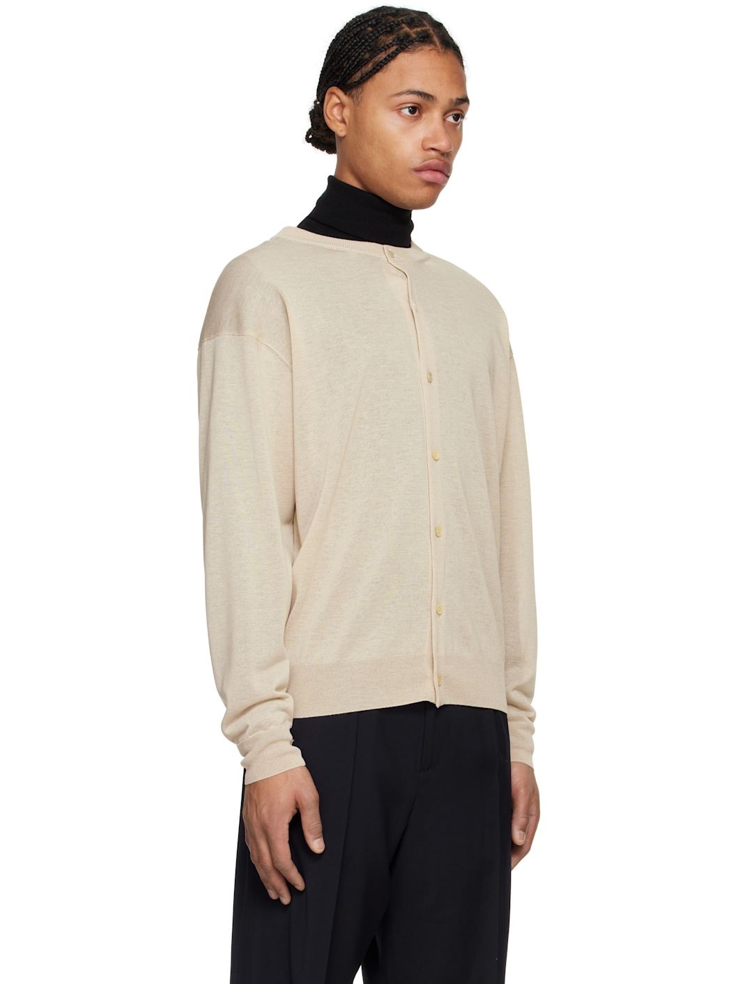 Beige Sheer Crewneck Cardigan - 2