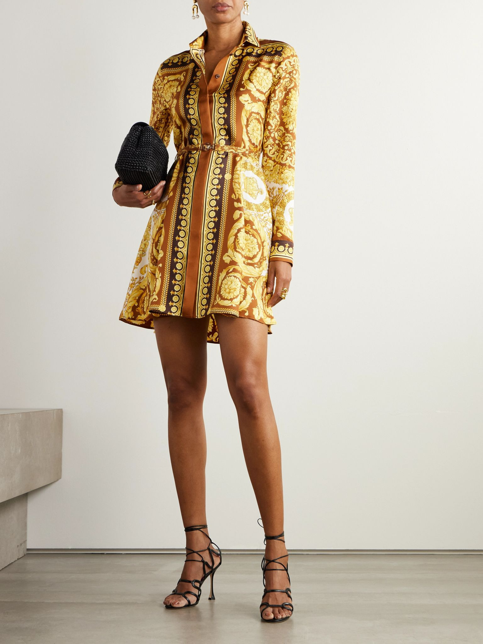 Belted printed silk-twill mini dress Yellow - 2