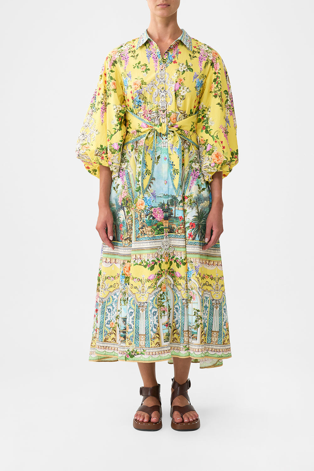 WAIST TIE SHIRT DRESS WITH BUBBLE SLEEVE - 2