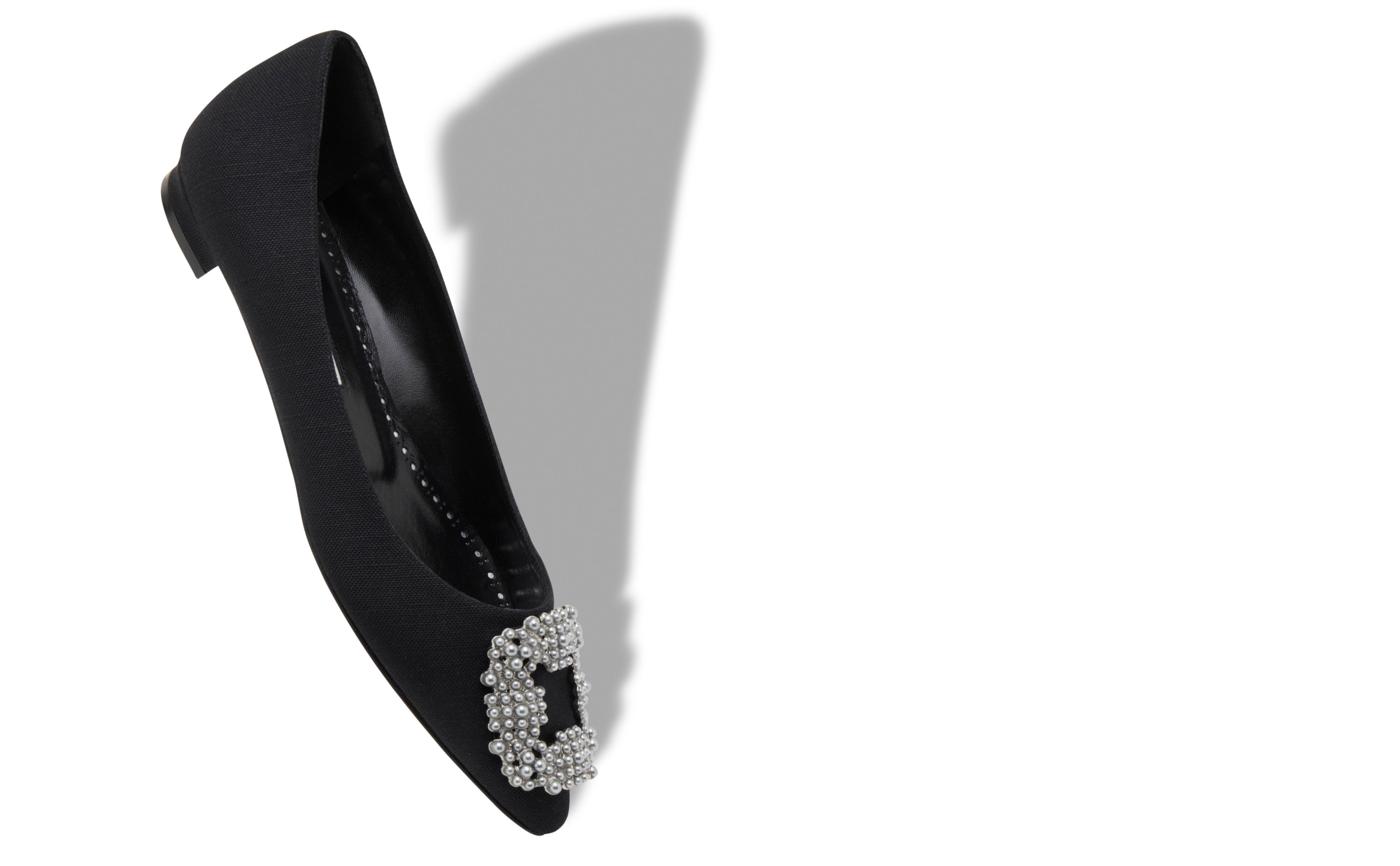 Black Linen Pearl Buckle Flat Shoes - 2