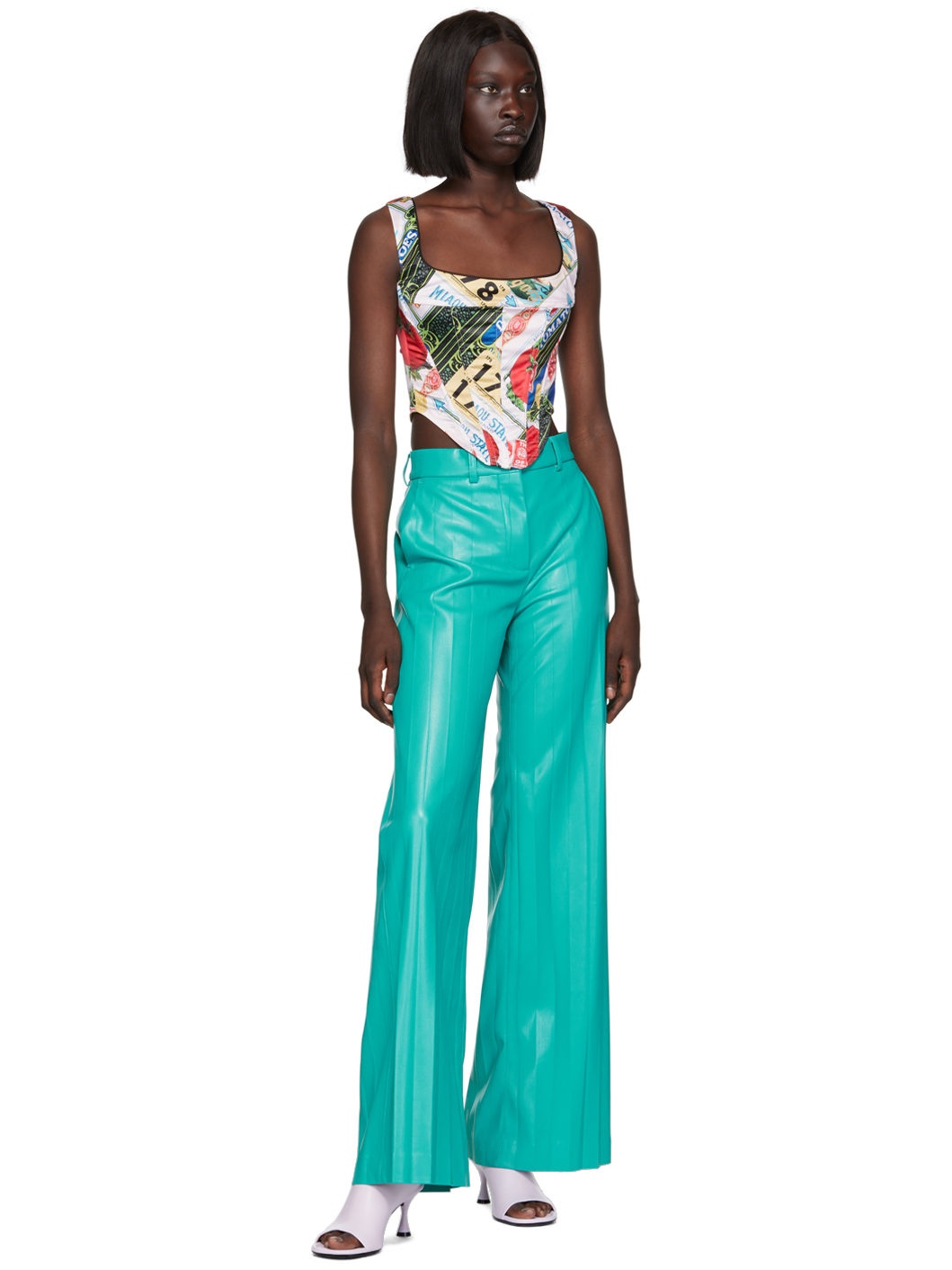Blue Pleated Faux-Leather Pants - 4