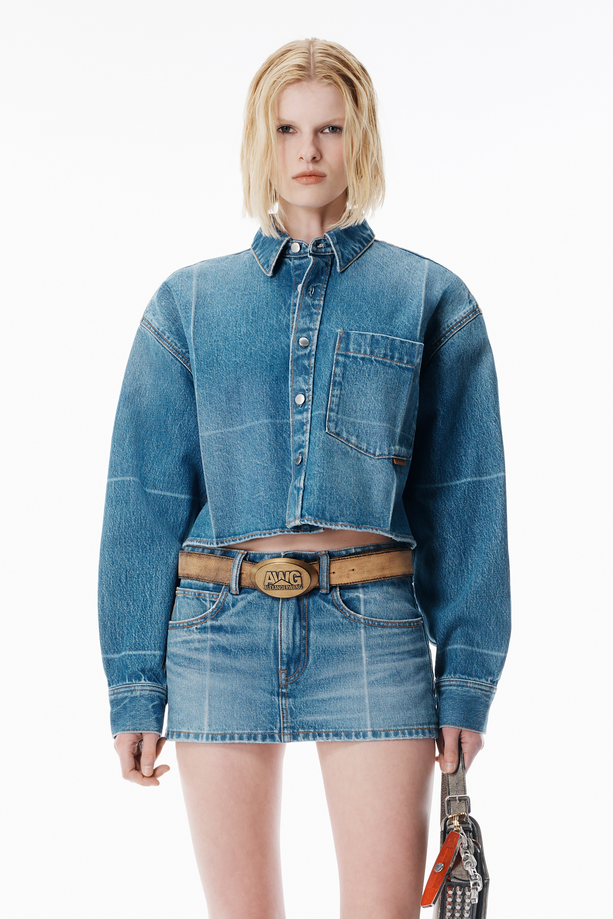 Vintage-Effect Marbled Blue Denim Cropped Shirt - 2
