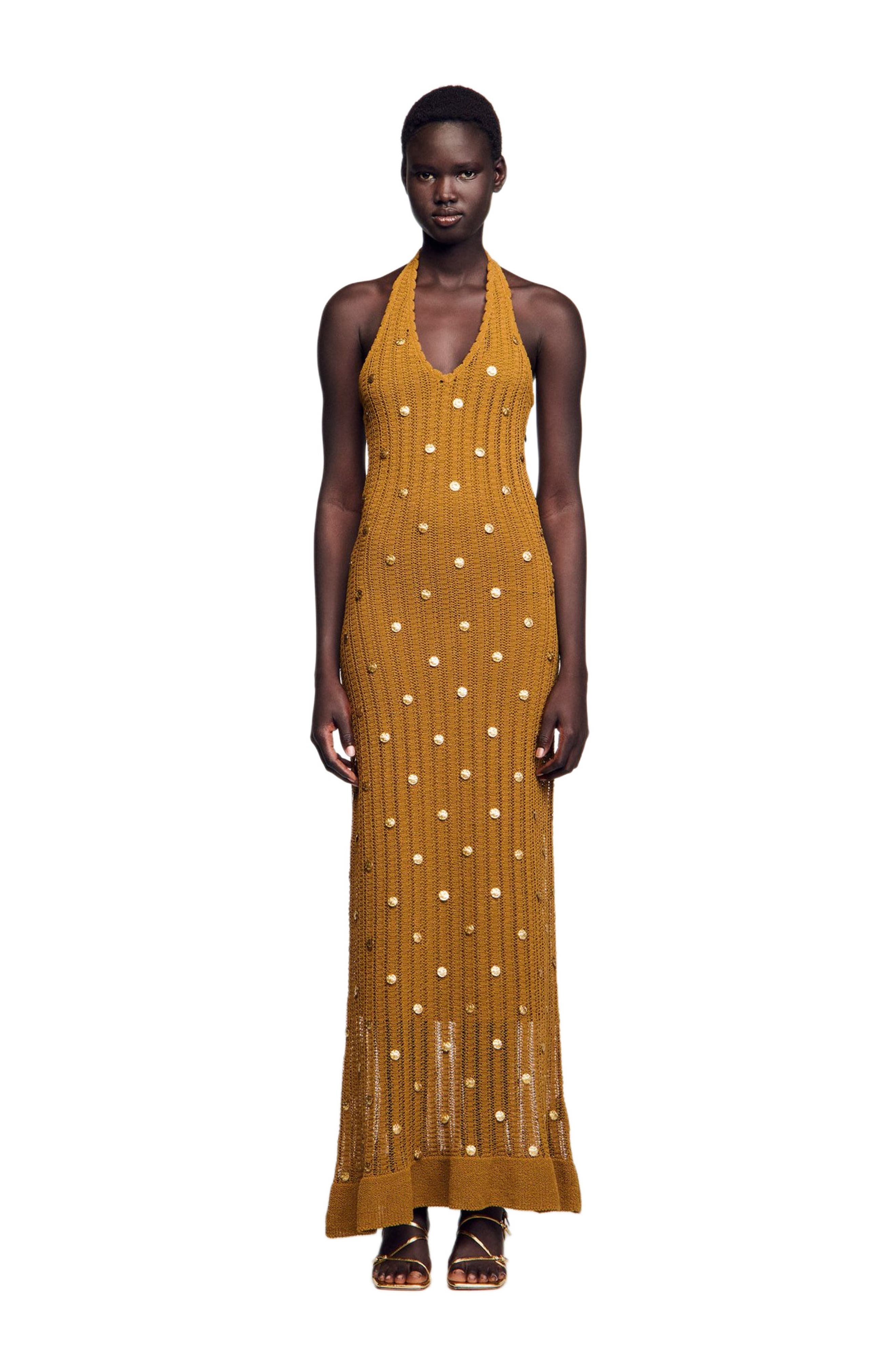 SANDRO Long knit dress with fringes in Olive at Nordstrom - 6