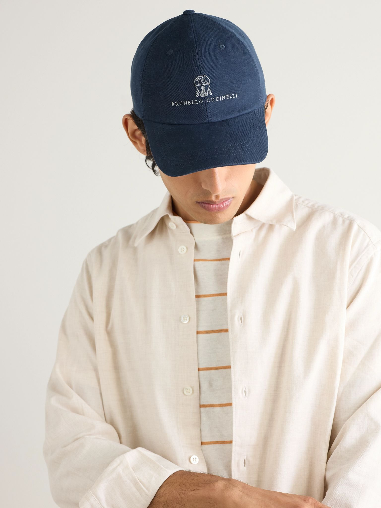 Logo-Embroidered Leather-Trimmed Cotton-Twill Baseball Cap Blue - 2