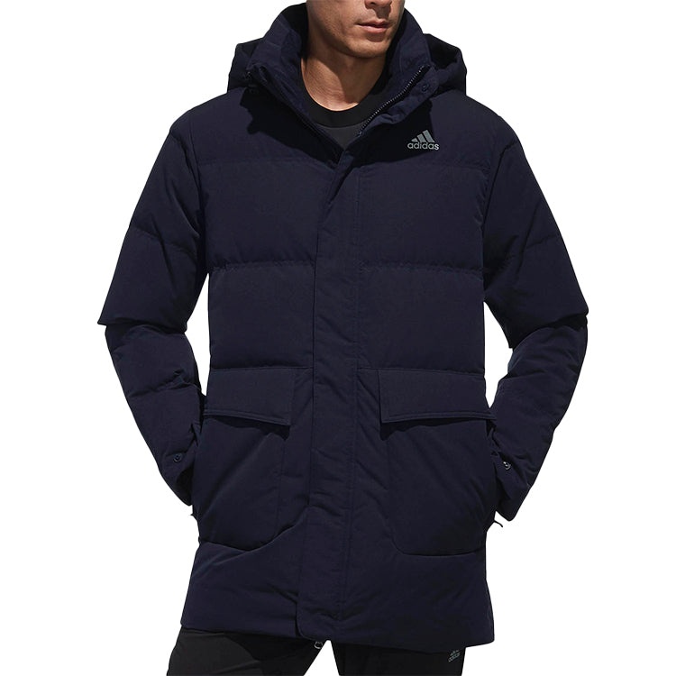 adidas Str Mid Down Solid Color Stay Warm mid-length hooded With Down Feather Jacket Navy Blue CK097 - 2