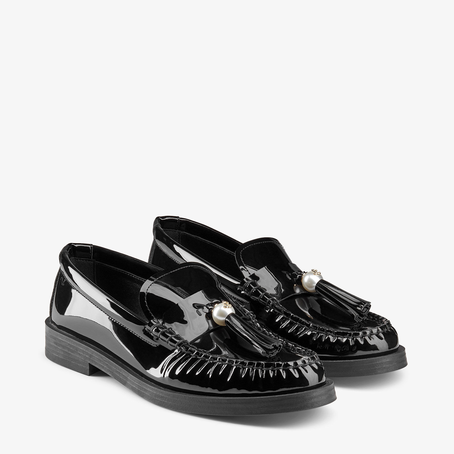 Addie/Pearl
Black Patent Leather Flat Loafers with Pearl Tassel - 2
