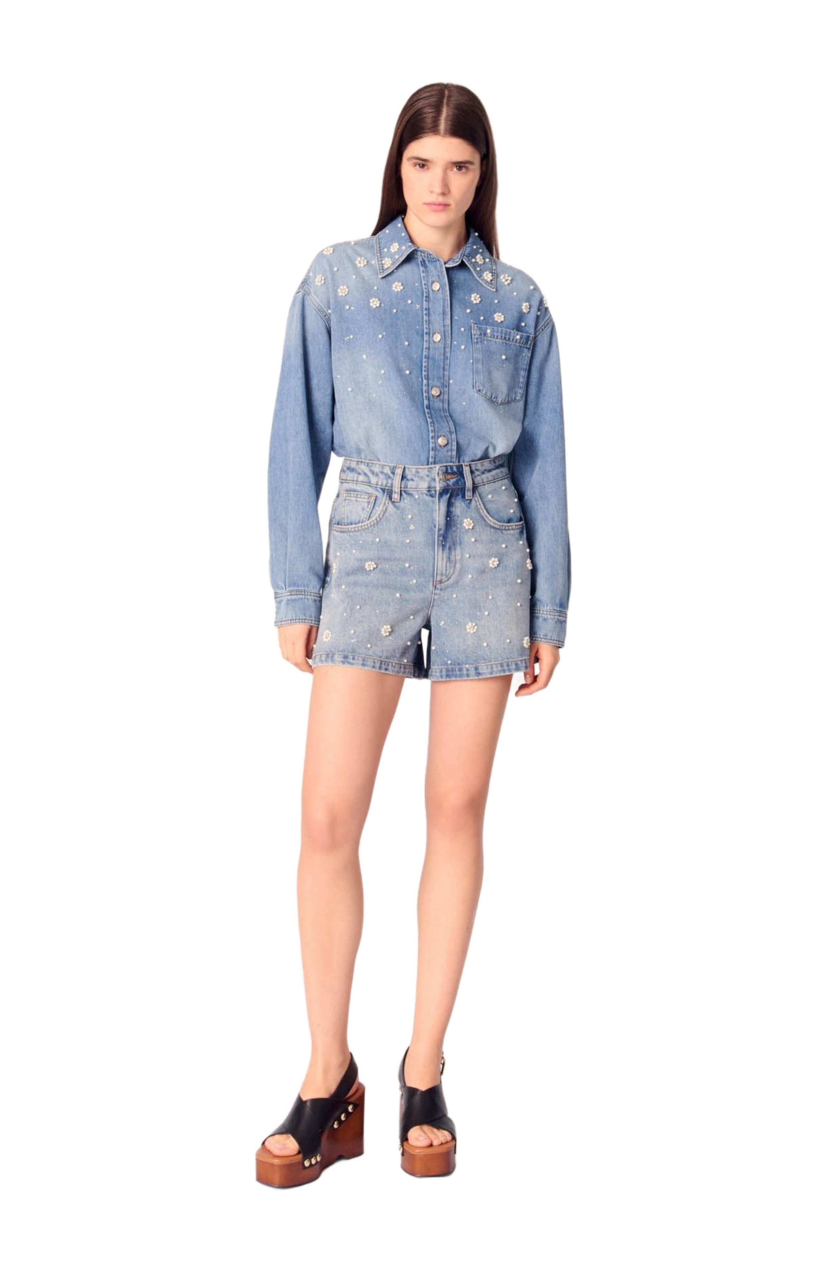 maje Denim shorts with embroidered beads in Blue at Nordstrom - 3