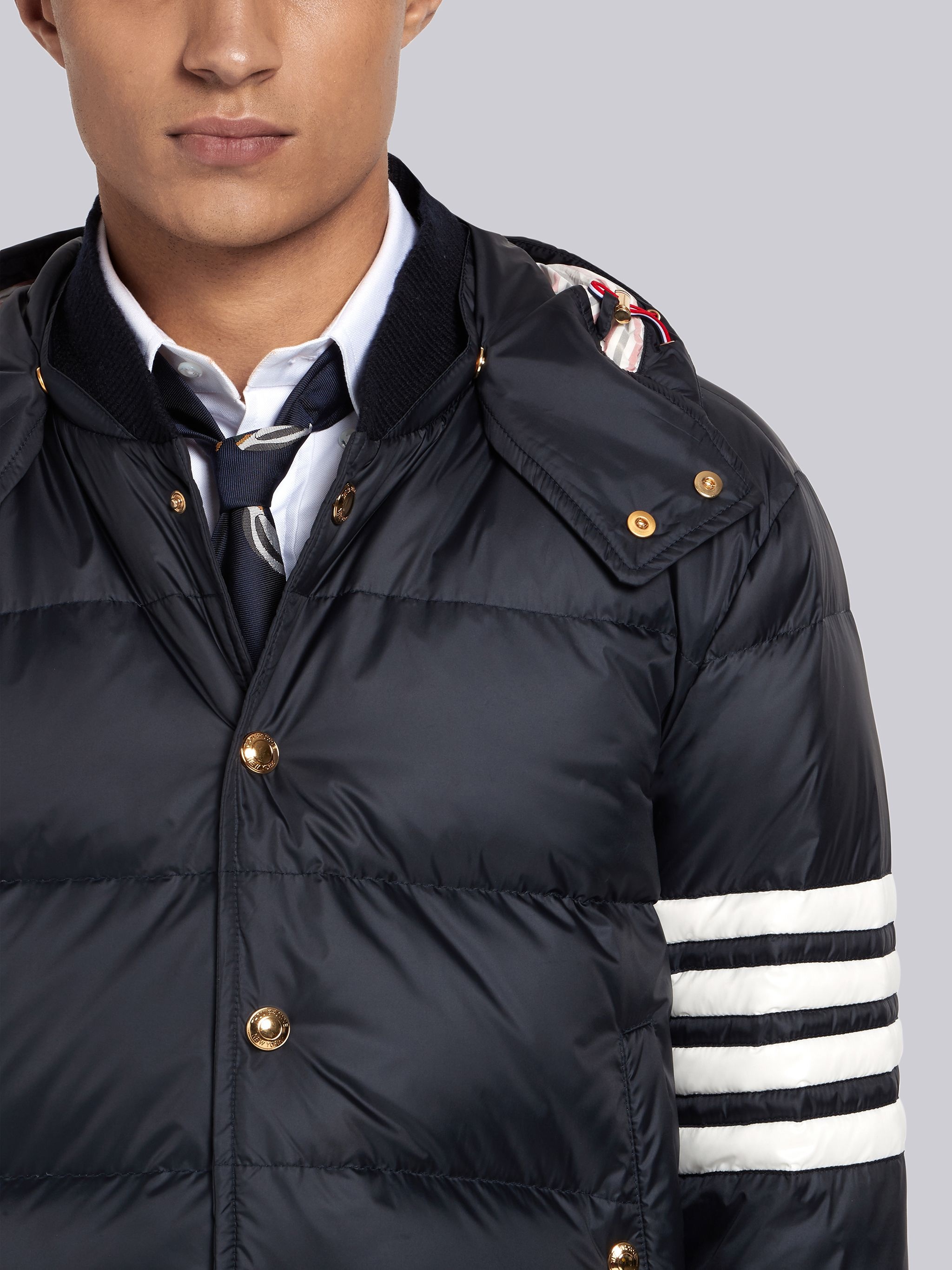 Navy Matte Nylon 4-Bar Down Bomber Jacket - 5