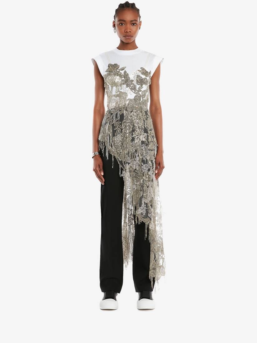 Lily Pad Embroidery Asymmetric Top in White/silver - 2