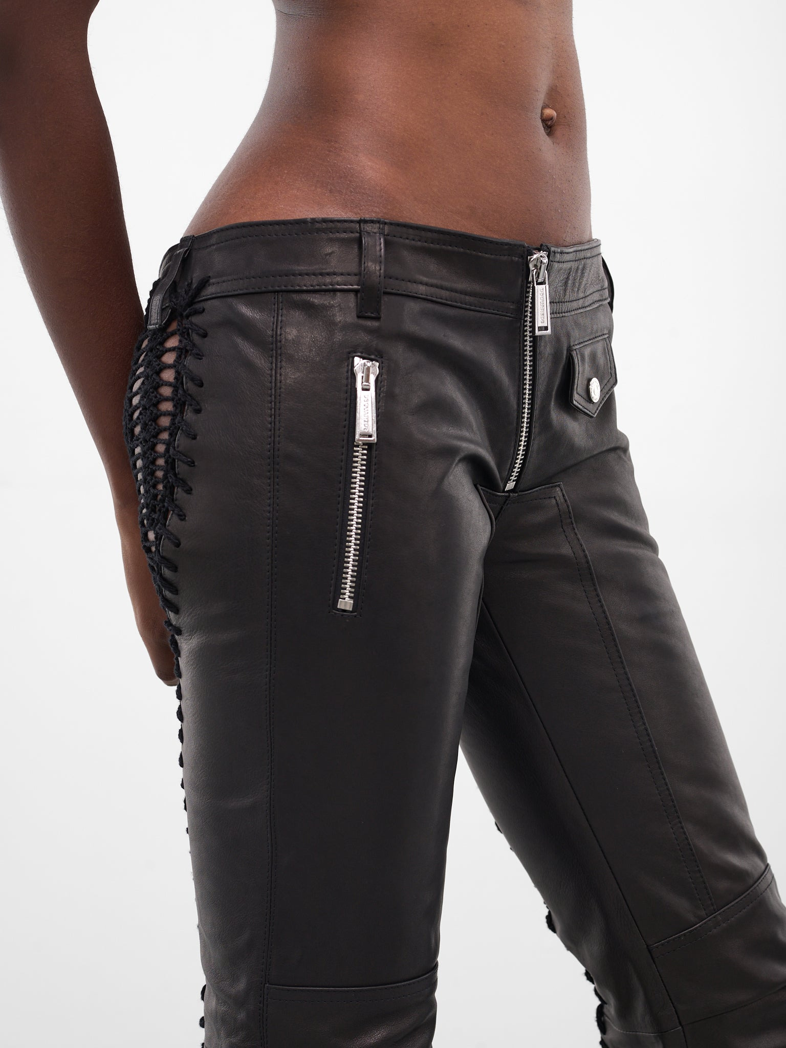 Black Leather Tong Biker Pants - 4