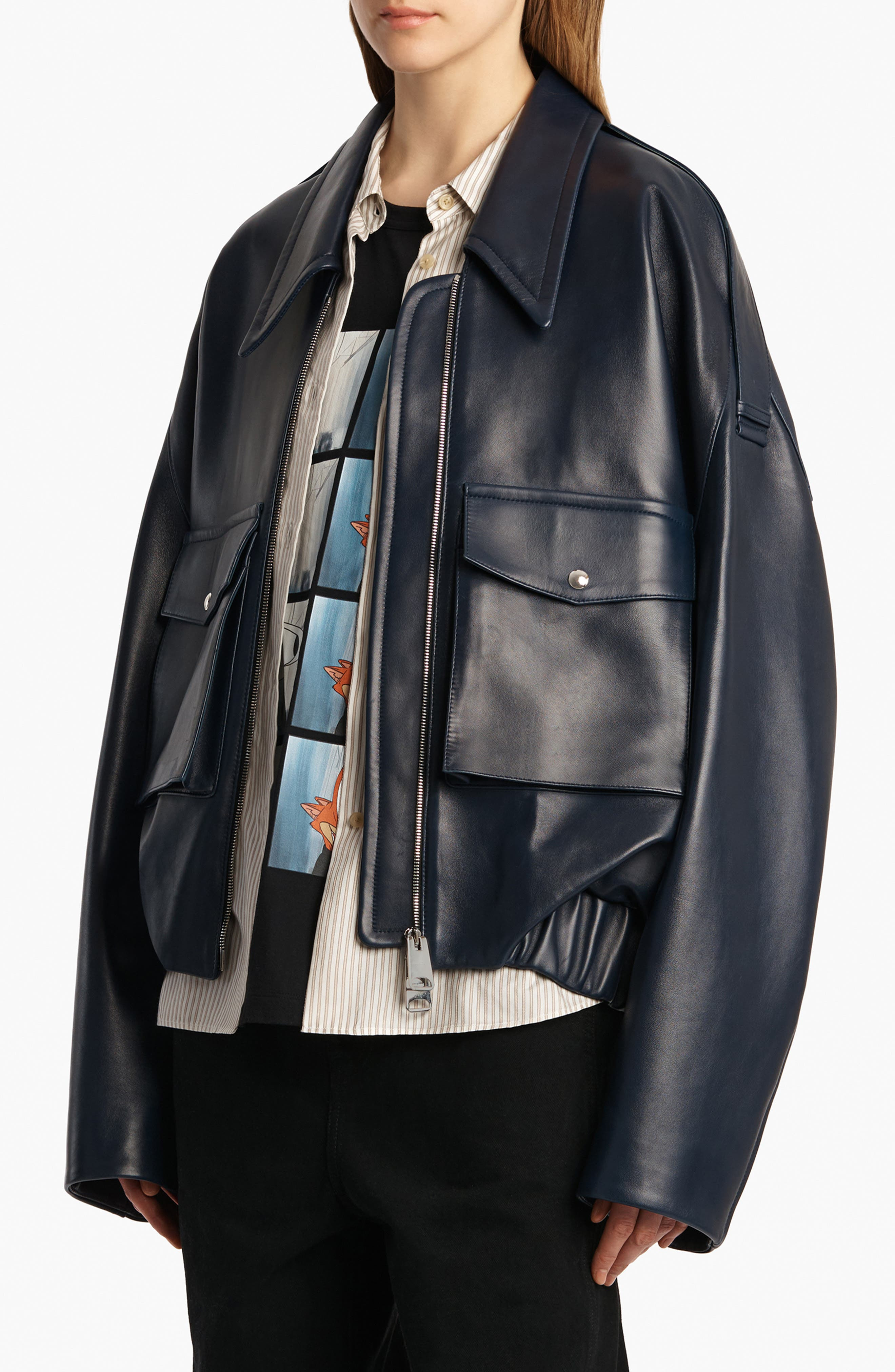 Khaite Owey Plongé Leather Bomber Jacket in Dark Navy at Nordstrom - 3