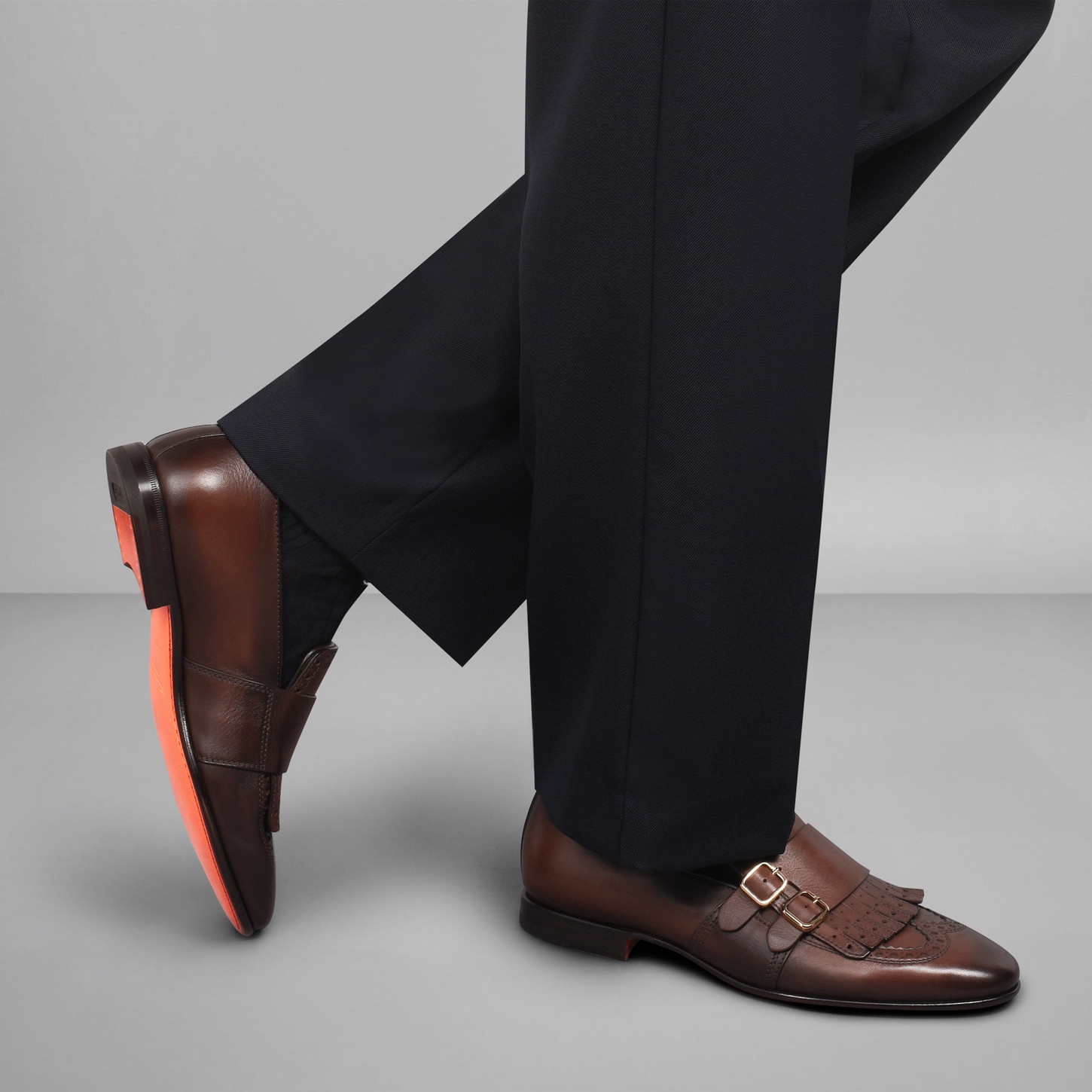 Men’s brown leather double-buckle loafer with fringe - 2