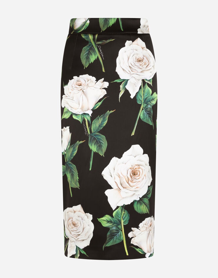 Satin pencil skirt with white rose print - 3