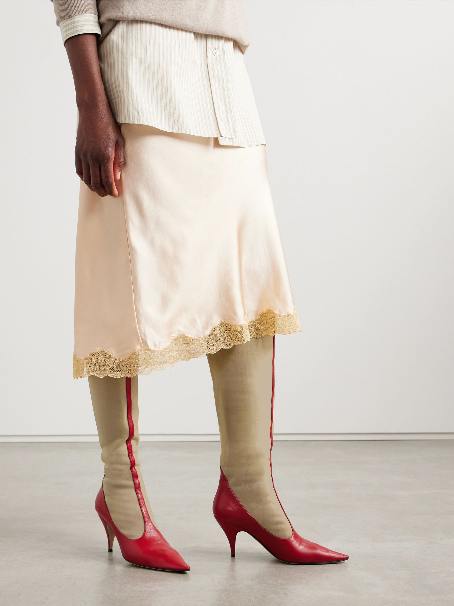 Mesh and leather knee boots Red - 2
