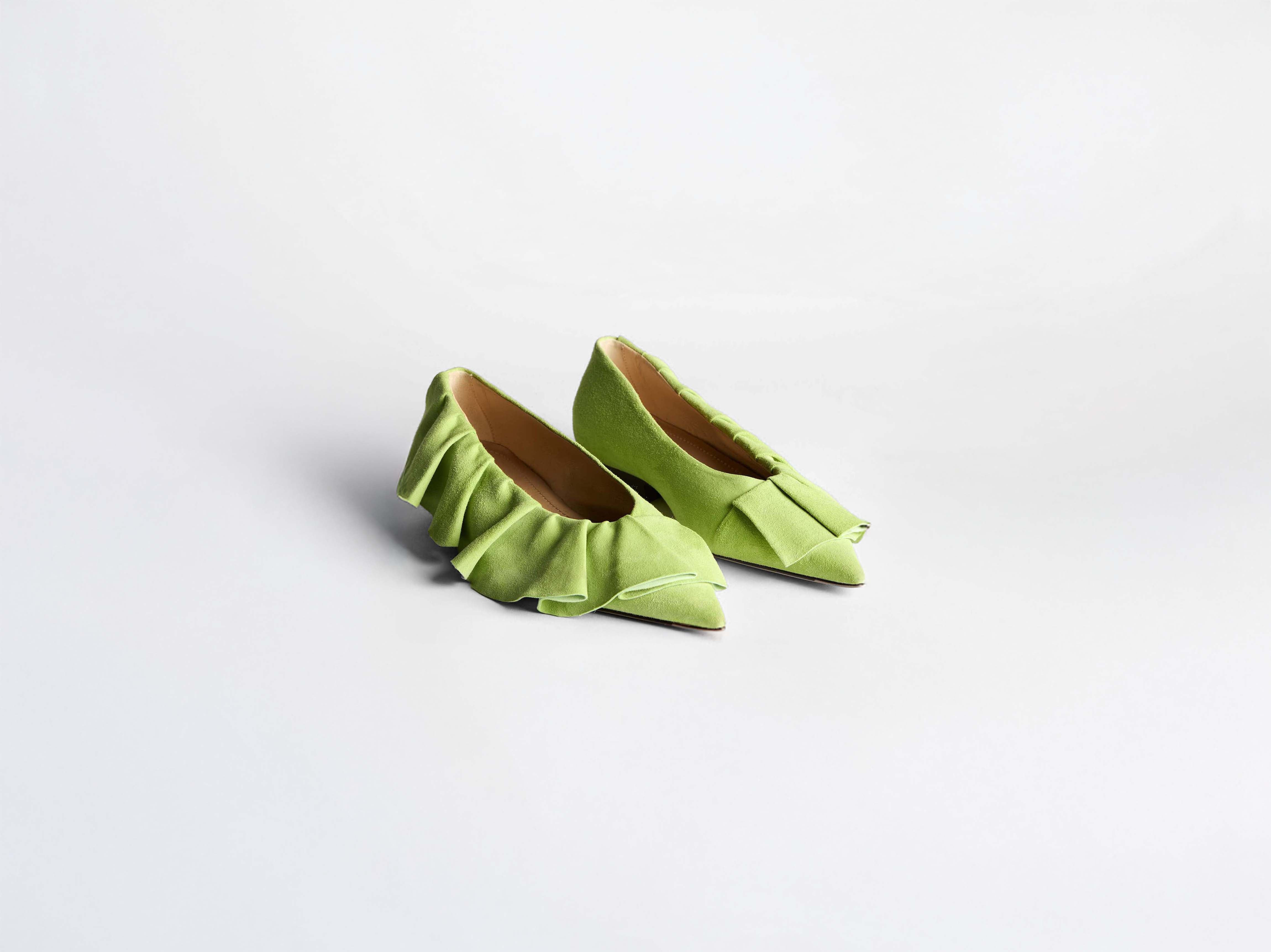 WOMENS RUFFLE BALLERINA FLATS IN LIME GREEN - 2