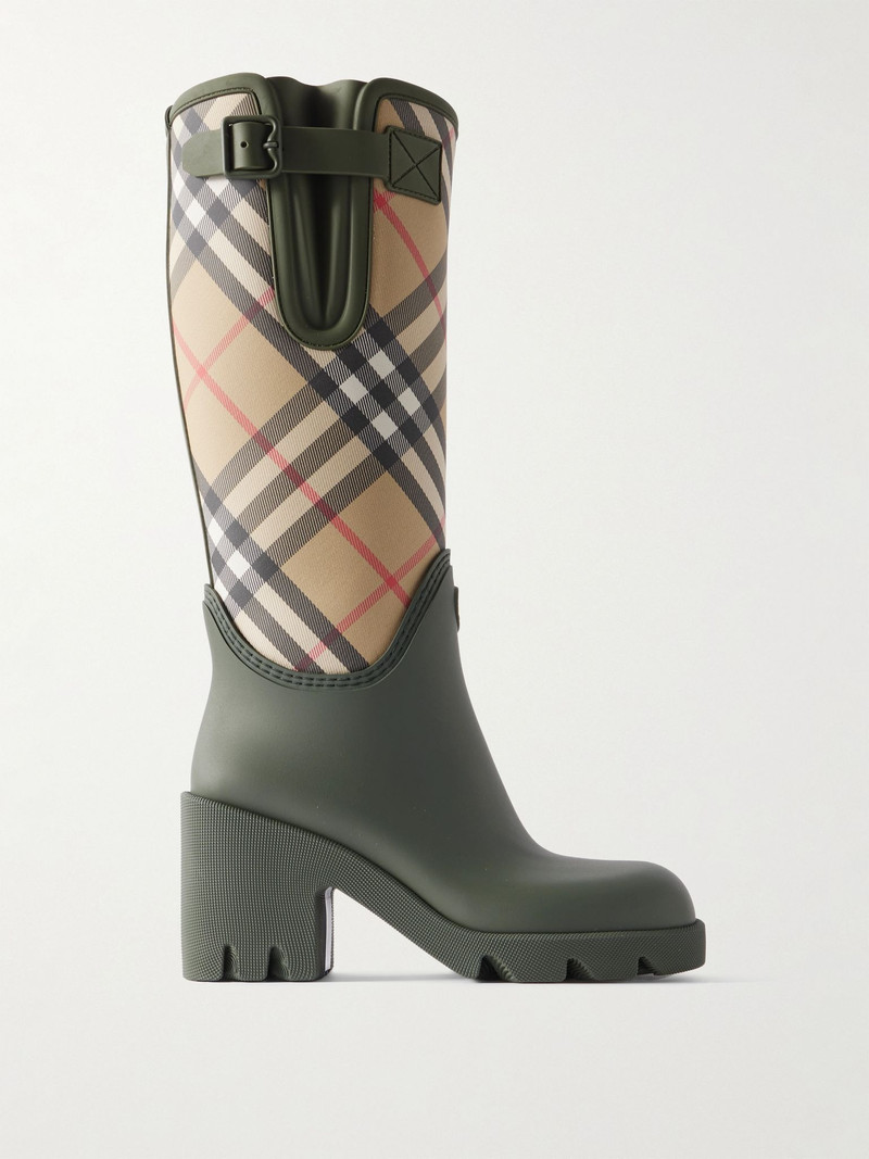 Checked canvas-trimmed TPU rain boots Army green 1