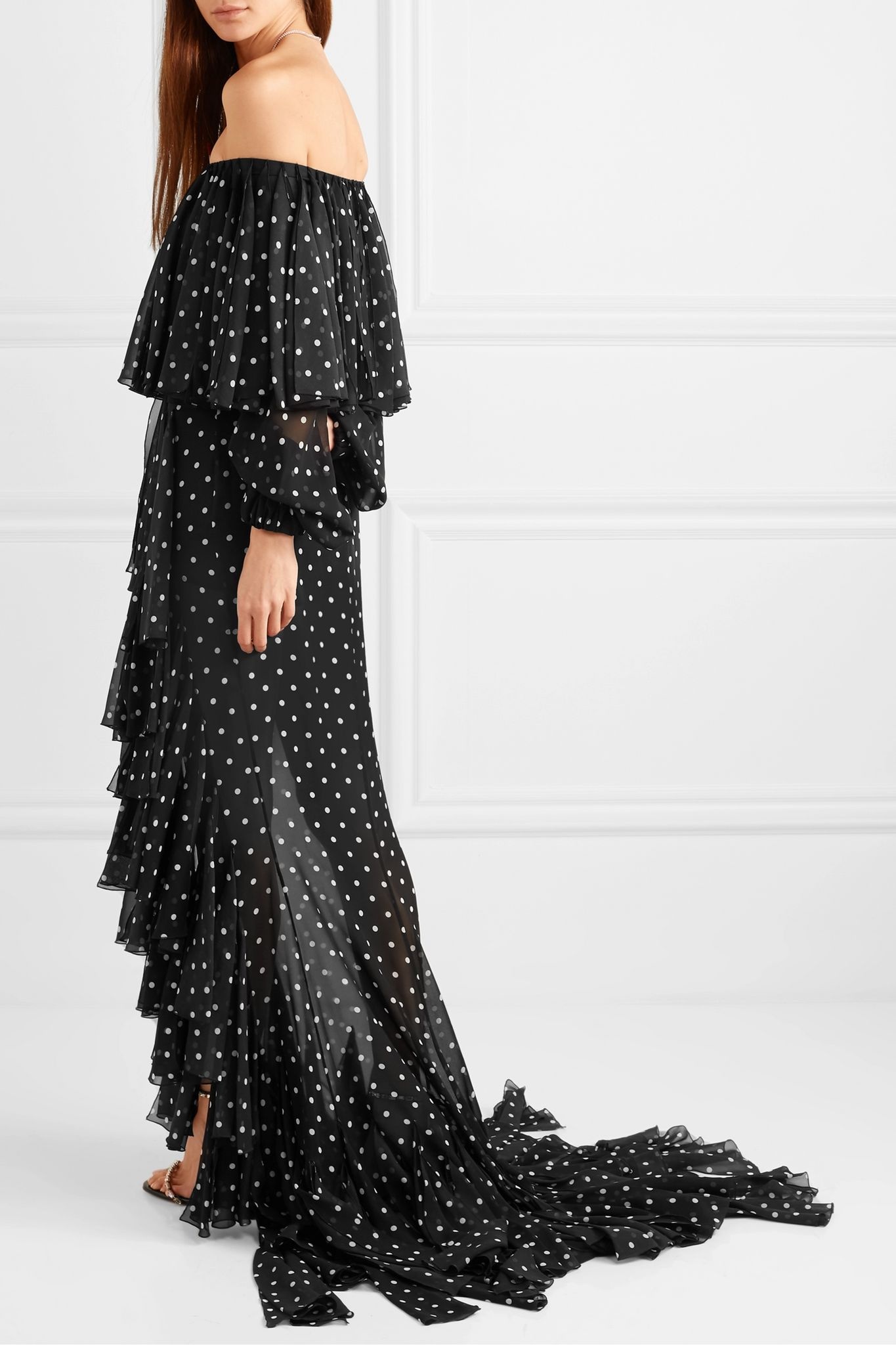 Off-the-shoulder ruffled polka-dot silk-chiffon maxi dress - 4