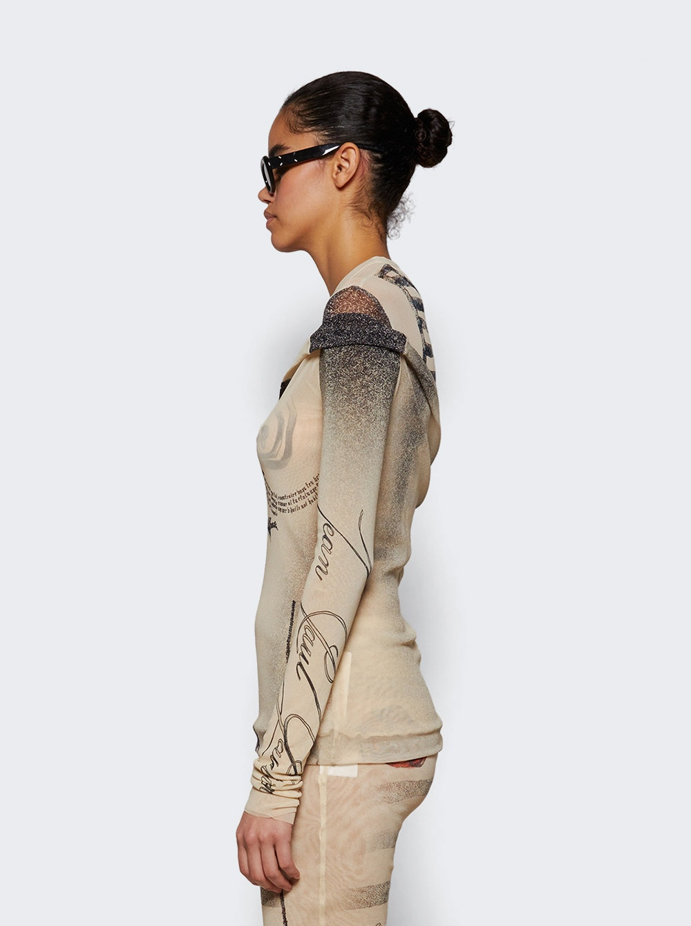 Double Layer Mesh Tattoo Rose And Bird Top Ecru - 3