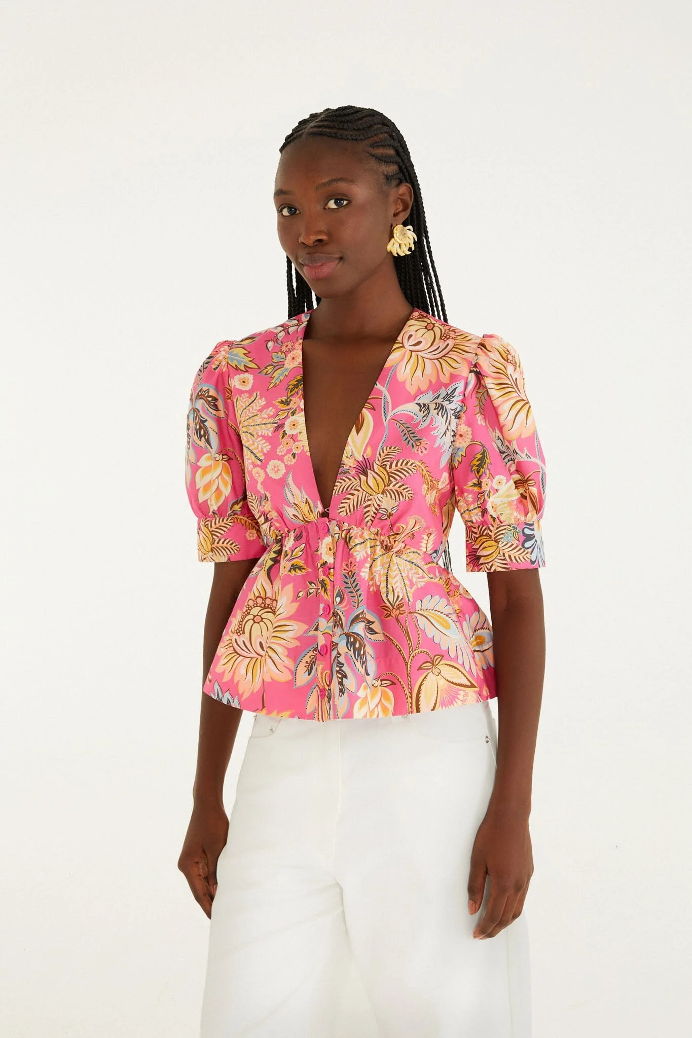 Pink Ligia Floral Puff Sleeve Organic Cotton Blouse - 1