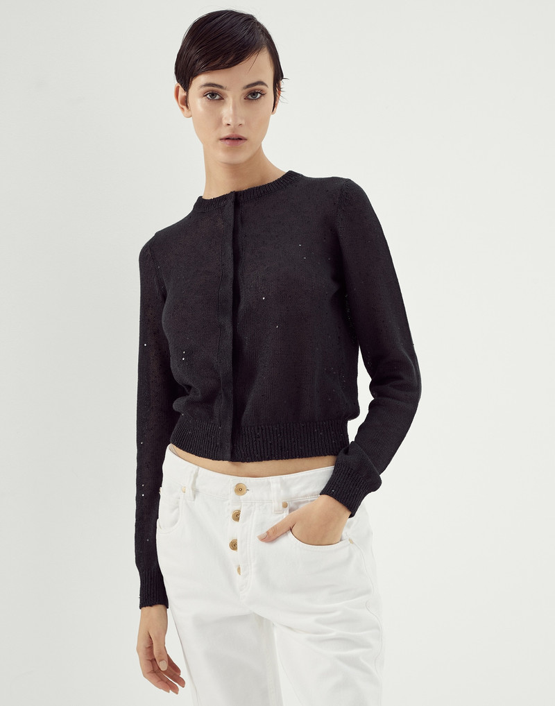 Linen and silk Diamond yarn cardigan with monili 1