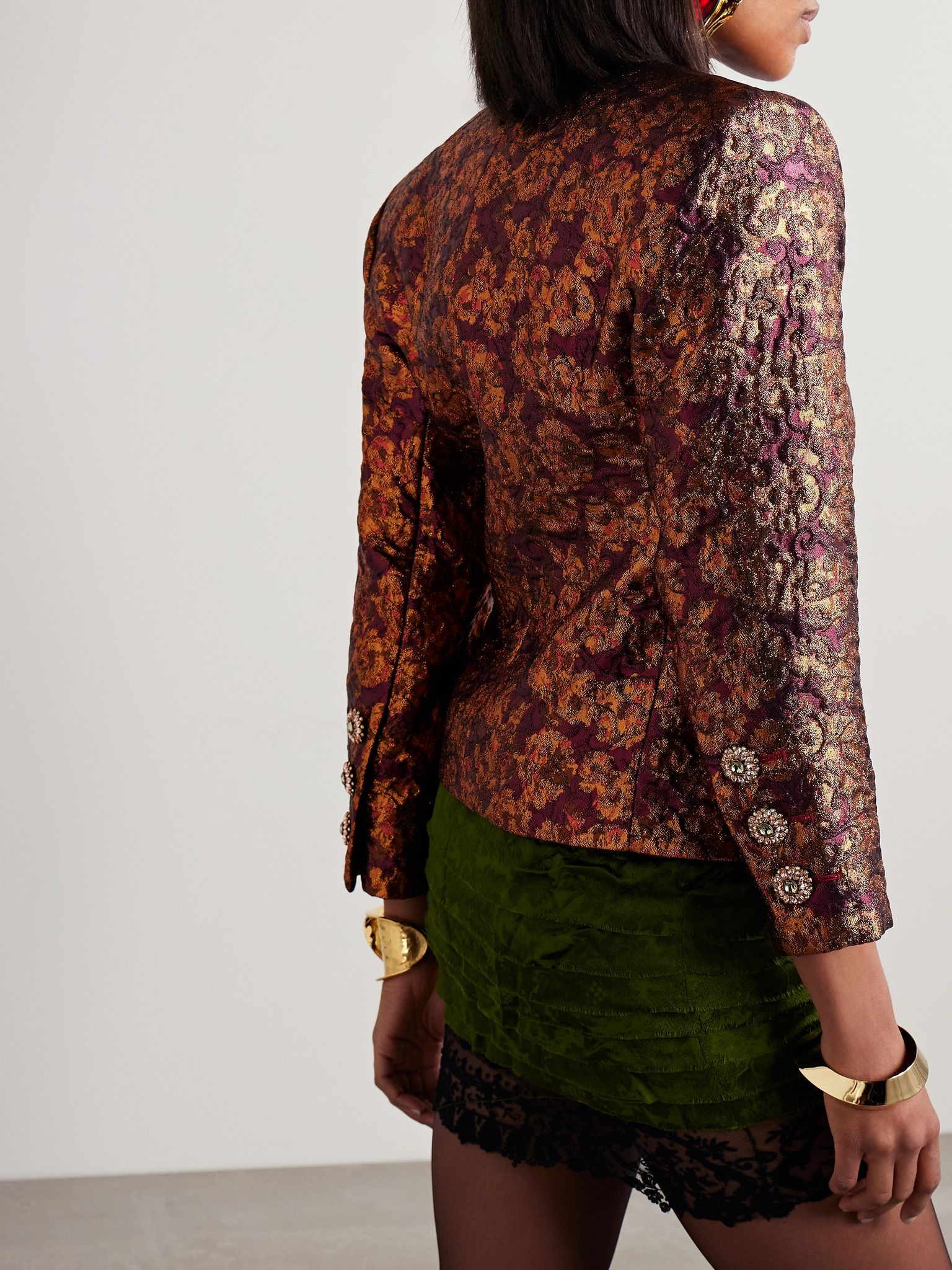 Crystal-embellished metallic wool-blend brocade jacket Metallic - 4