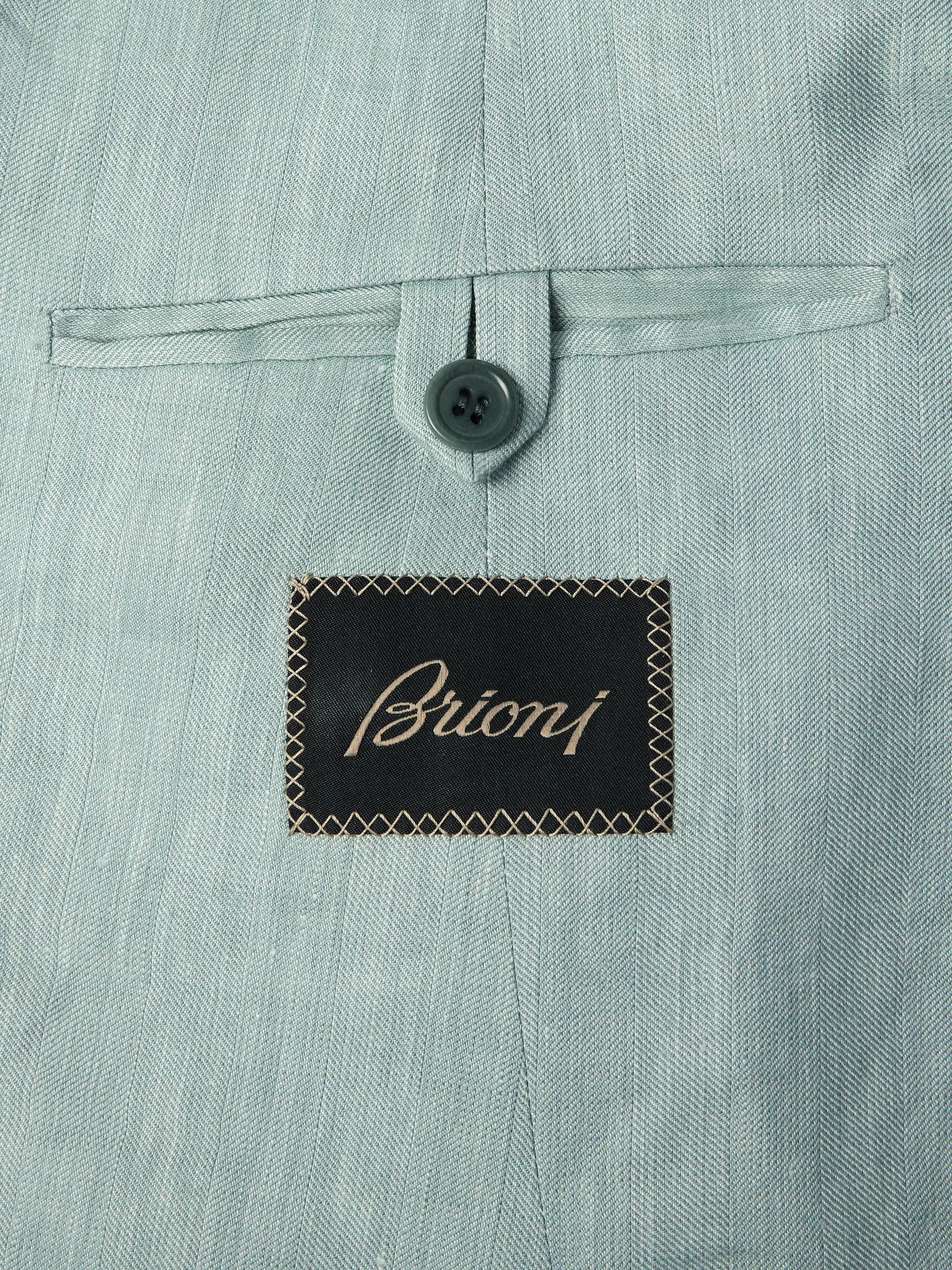 Double-Breasted Herringbone Linen, Wool and Silk-Blend Suit Jacket Blue - 5