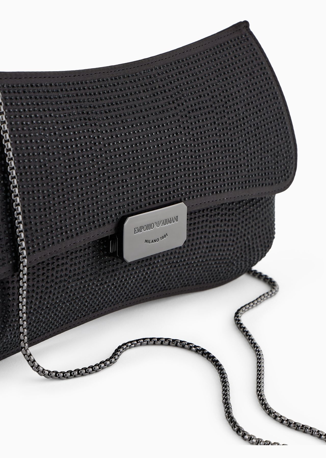 Satin baguette clutch bag with rhinestones and chain strap - 5
