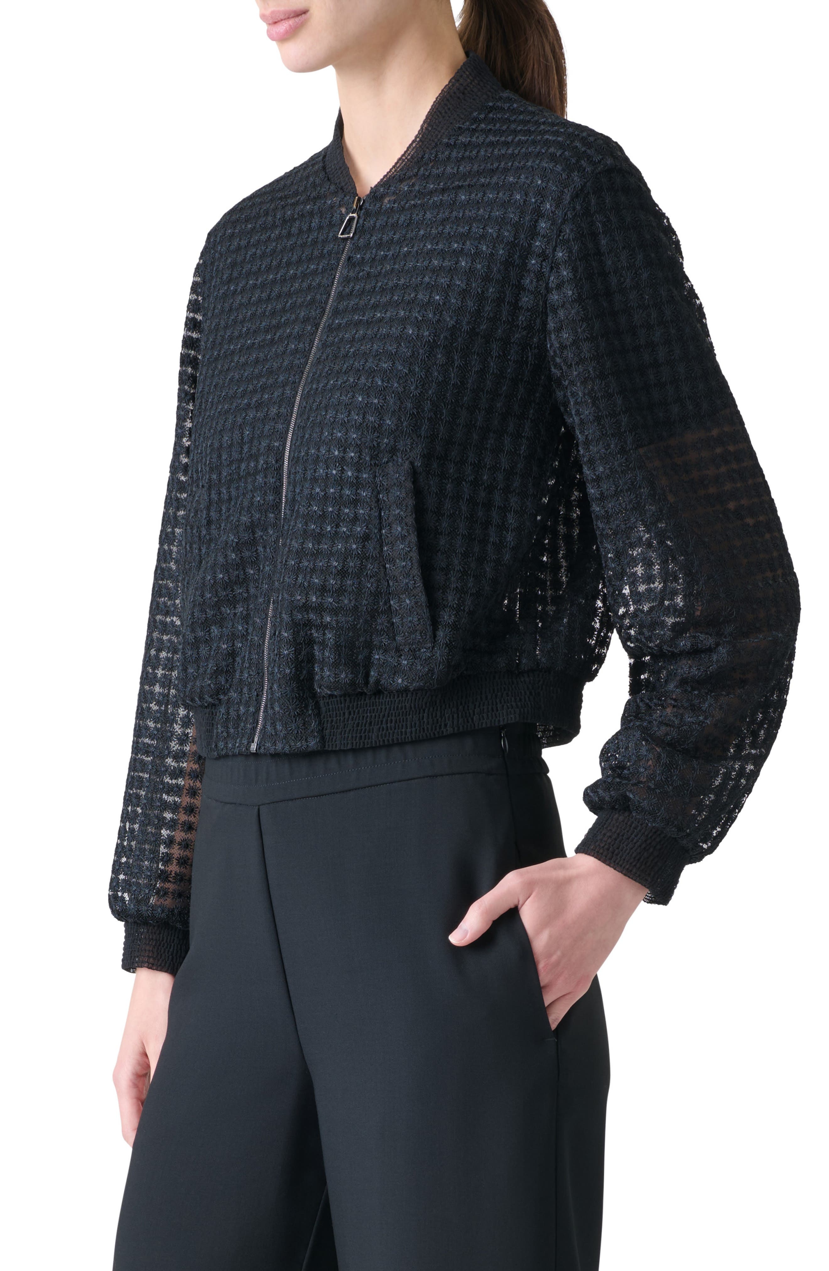 Akris Taide Flower Grid Tulle Bomber Jacket in Black at Nordstrom - 3