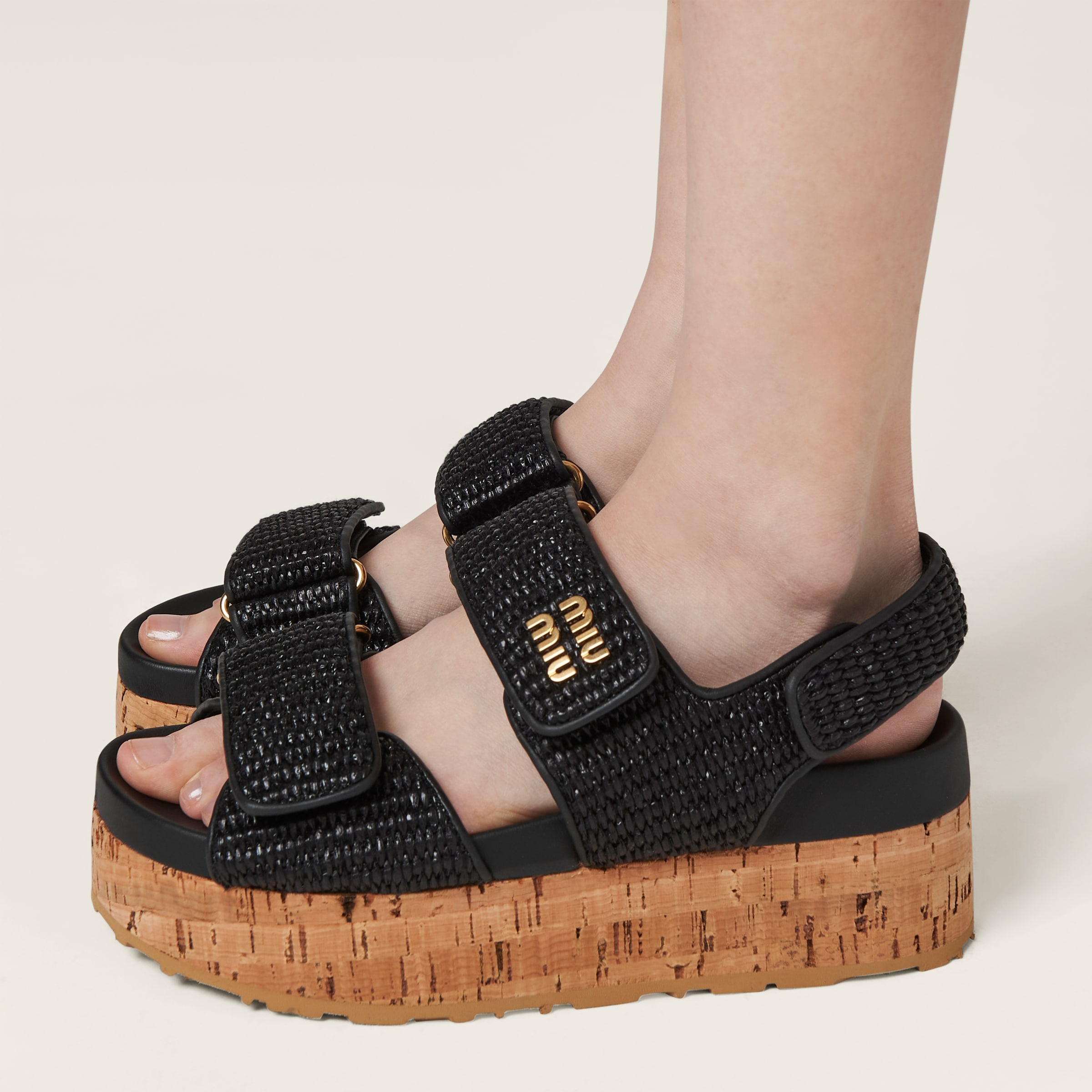 Raffia-effect woven fabric wedge sandals - 5