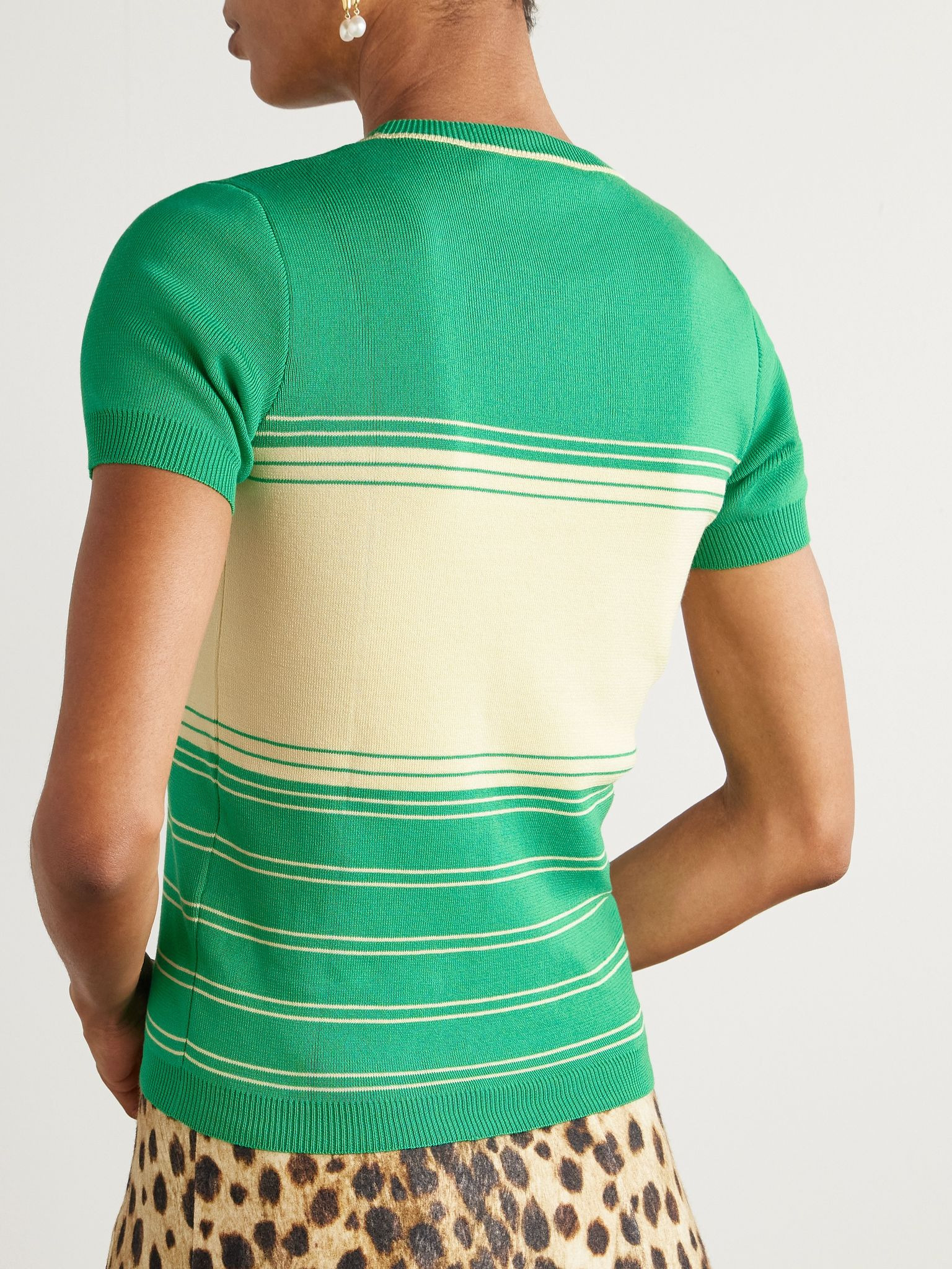 Embroidered striped cotton T-shirt Green - 4
