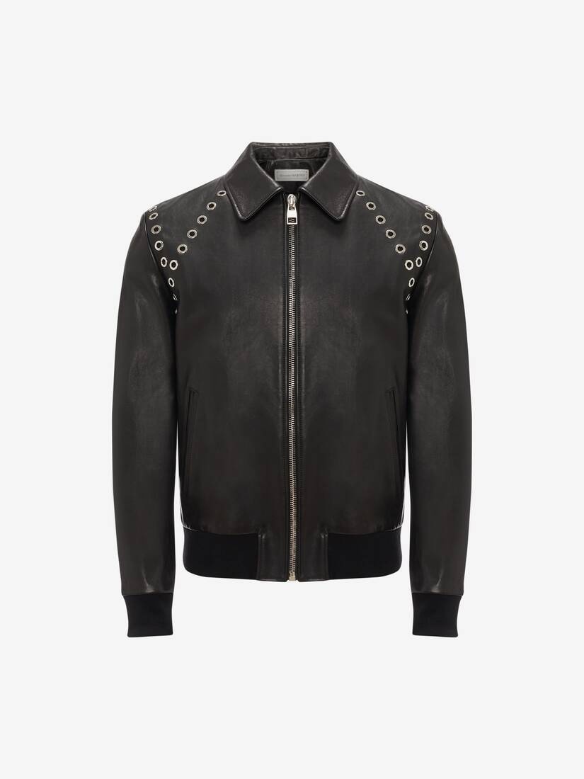 Men's Eyelets Leather Jacket in Black - 1