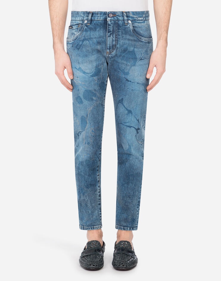 Washed blue skinny stretch jeans with brushstroke design - 1