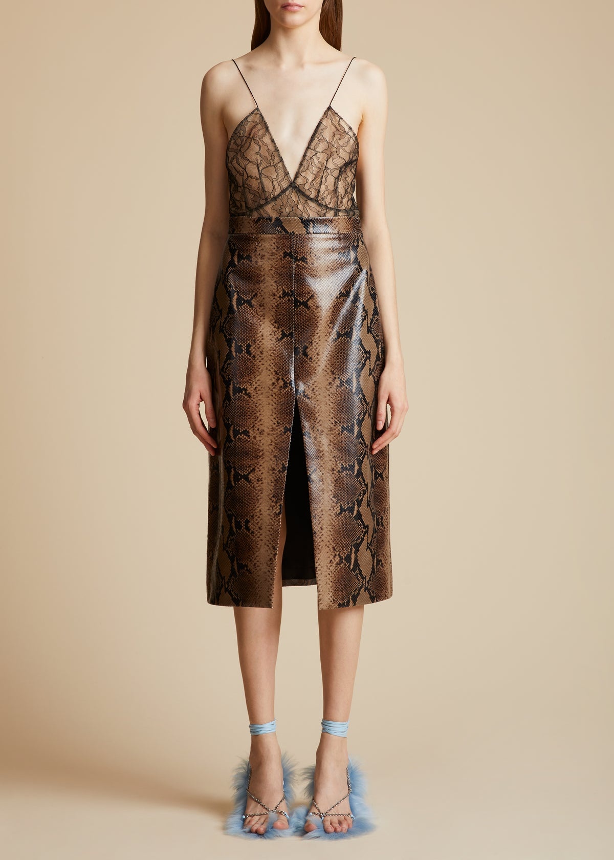 The Fraser Skirt in Brown Python-Embossed Leather - 1