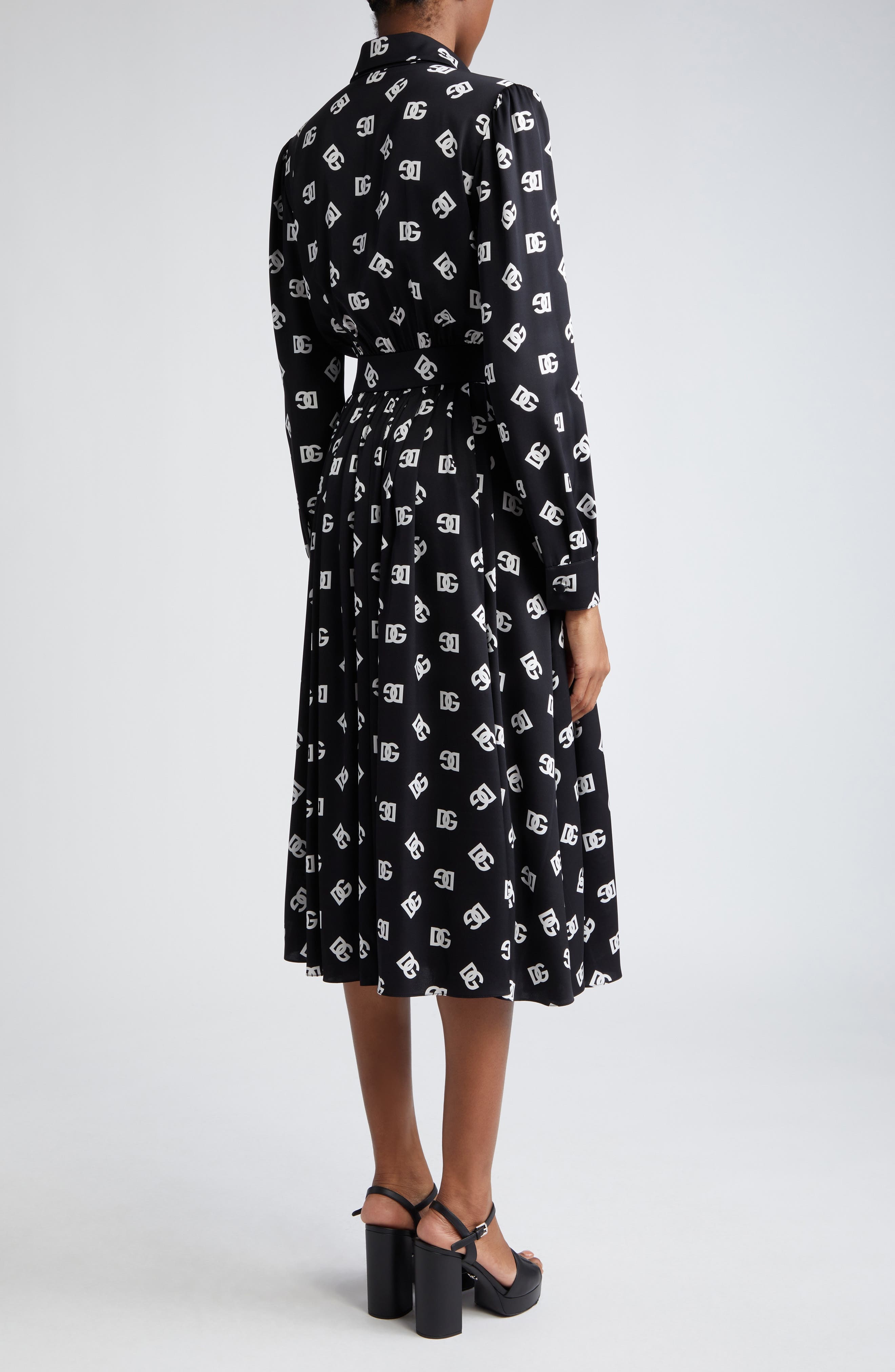 Pleated Monogram Logo Long Sleeve Stretch Silk Charmeuse Midi Dress - 3