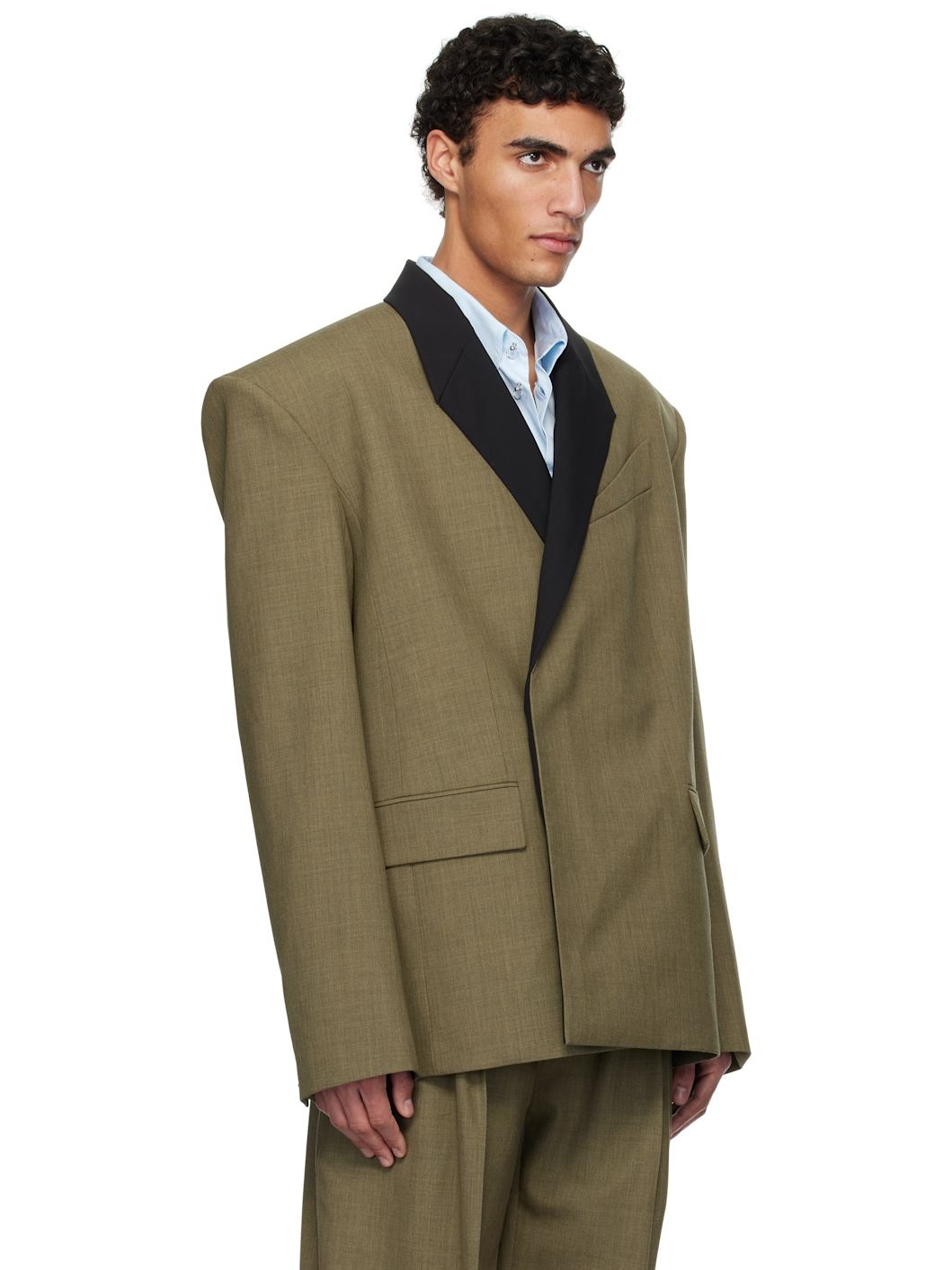 Khaki Contrasted Collar Tailored Blazer - 2