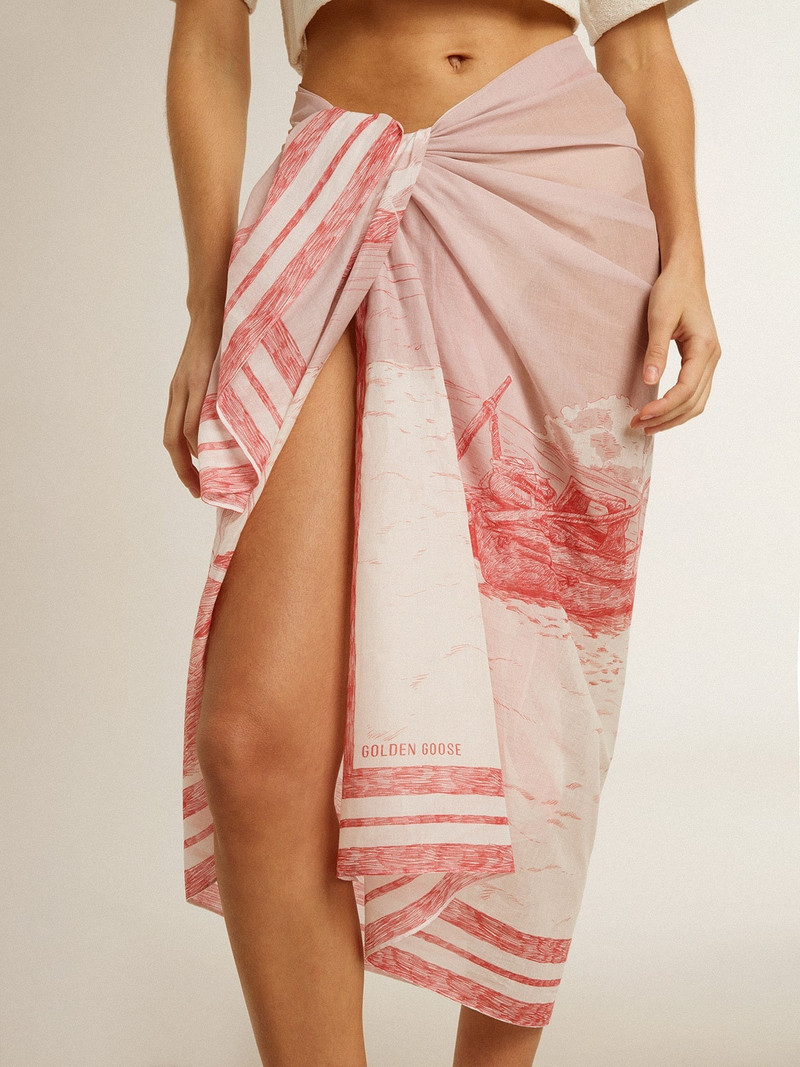 Sarong in cotton voile with all-over cream and red print 5