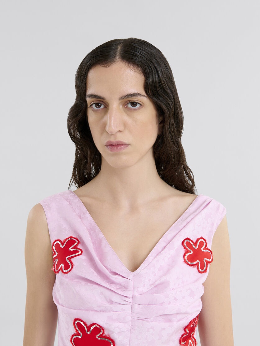 PINK SILK JAQUARD DRESS WITH FLOWER PATCHES AND SEQUINS - 4