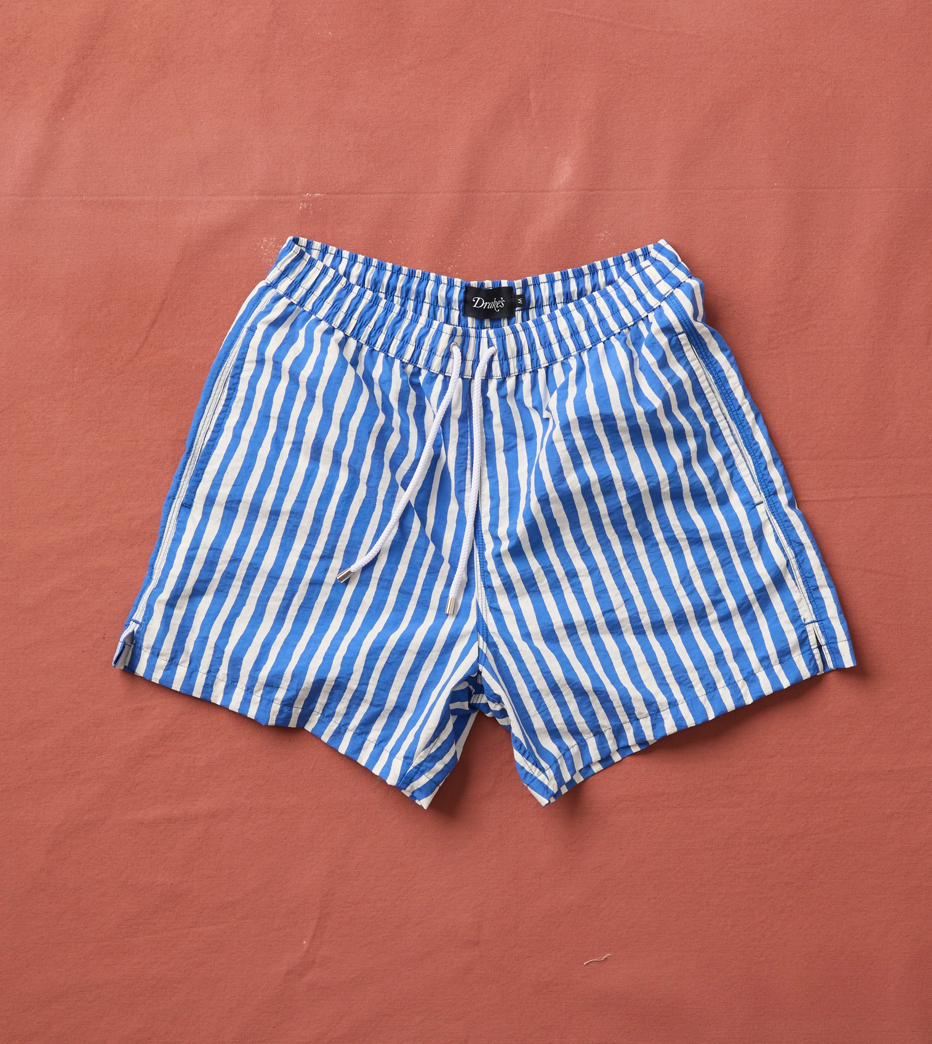 Blue Stripe Print Nylon Drawstring Swim Shorts - 1