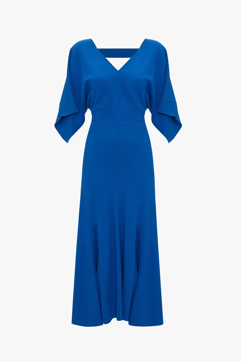 V-Neck Bias Godet Dress In Bright Blue - 1