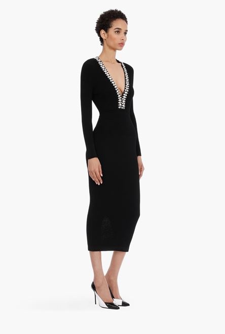 Mid-length black knit dress with silver embroidery - 7