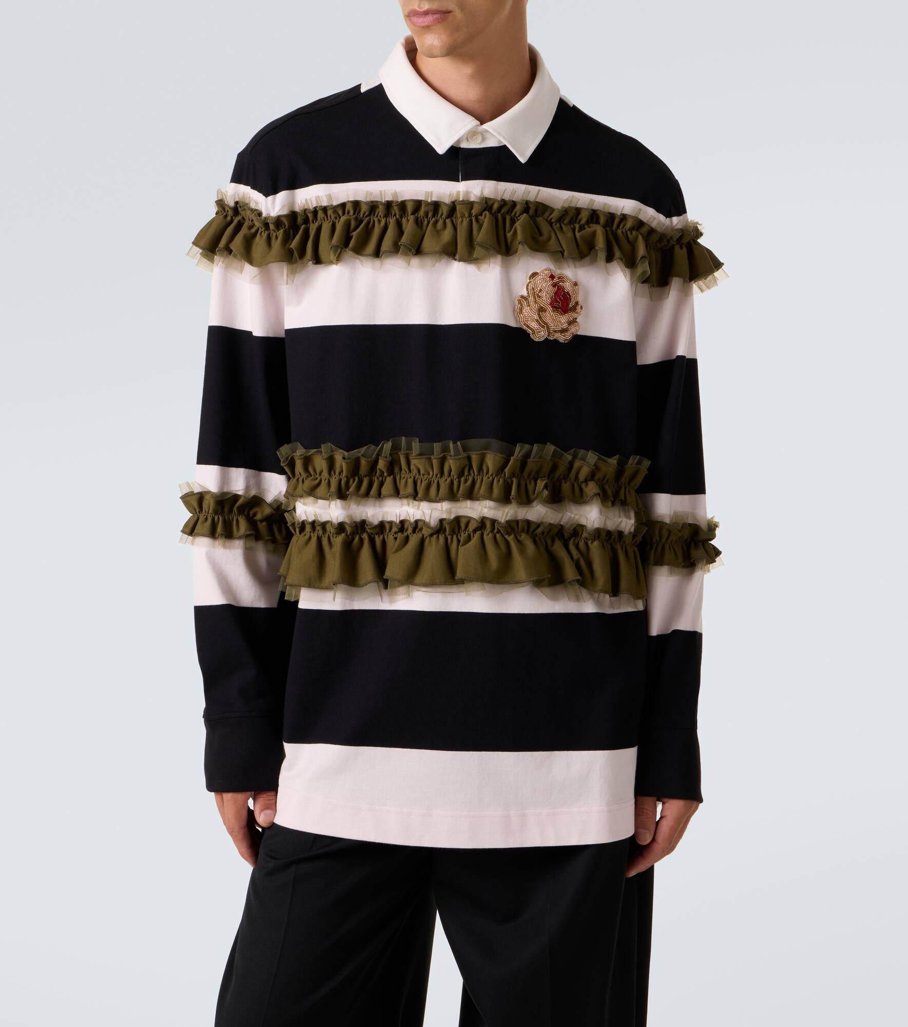 Ruffled striped cotton polo shirt - 3