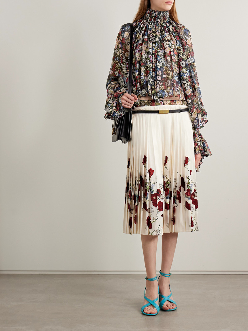 KHAITE Anya Pleated Floral-print Satin-twill Midi Skirt outlook