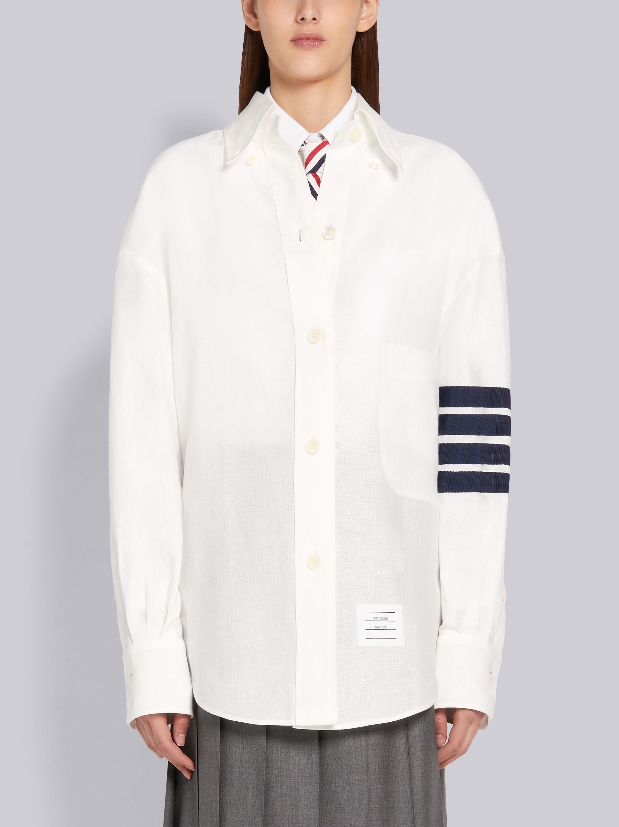 White Linen Supersized Long Sleeve 4-Bar Button Down Shirt - 1