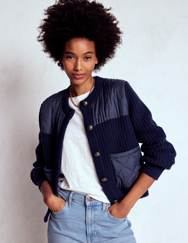 Short Quilted Knitted Jacket-Navy 1