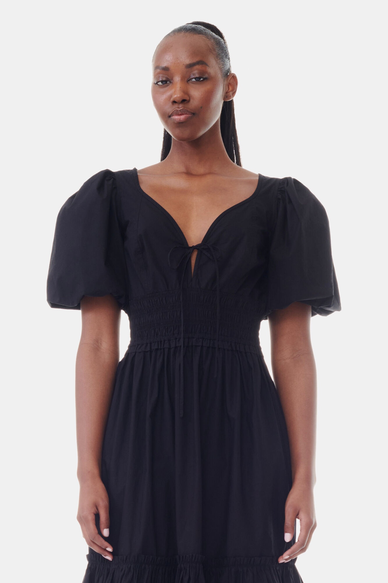 BLACK COTTON POPLIN LONG SMOCK DRESS - 3