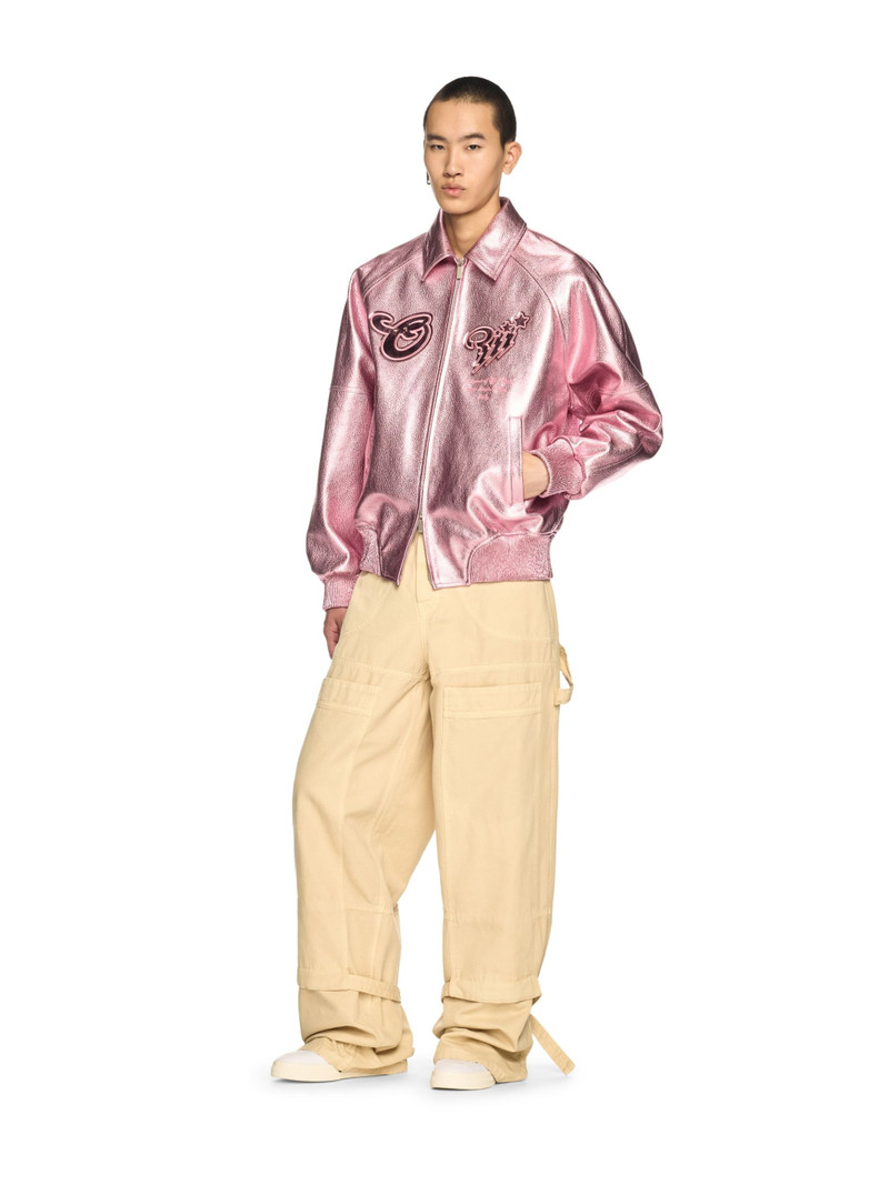 Off-White Pink Scorpion Leather Raglan Varsity Jacket outlook
