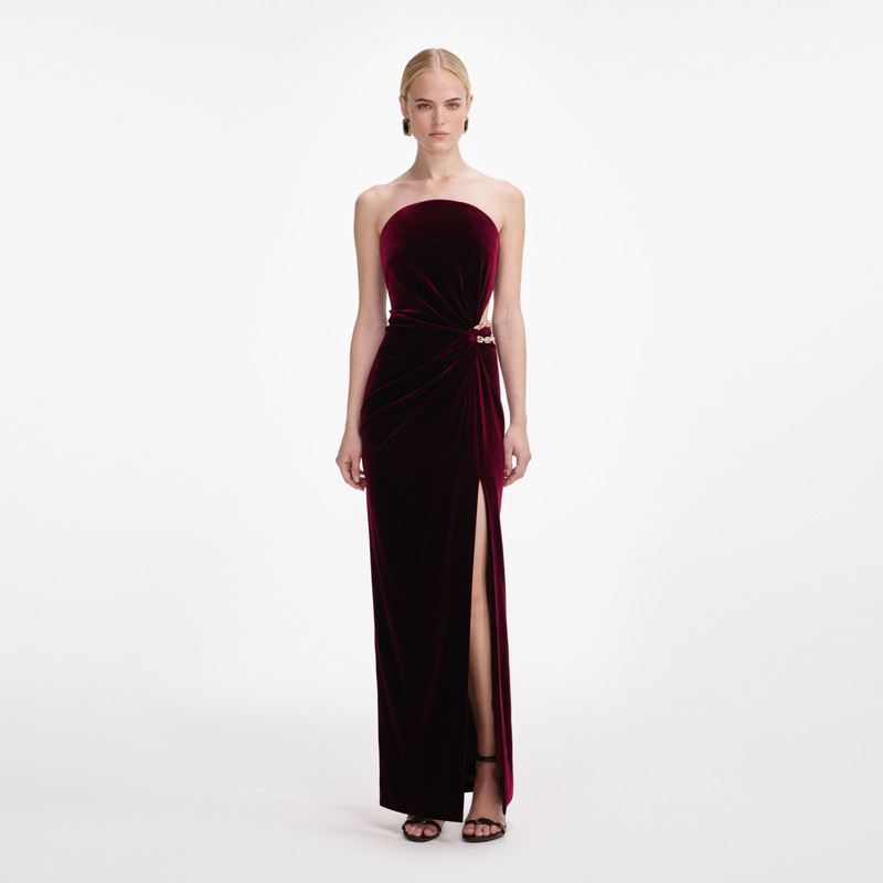 self portrait burgundy velvet dress self-portrait Bandeau Maxi - AW25-128X-BU folklore blue dress 🩵 Lifestyle-Summer 2026 which shimmers all TROUSERS SIZE:L