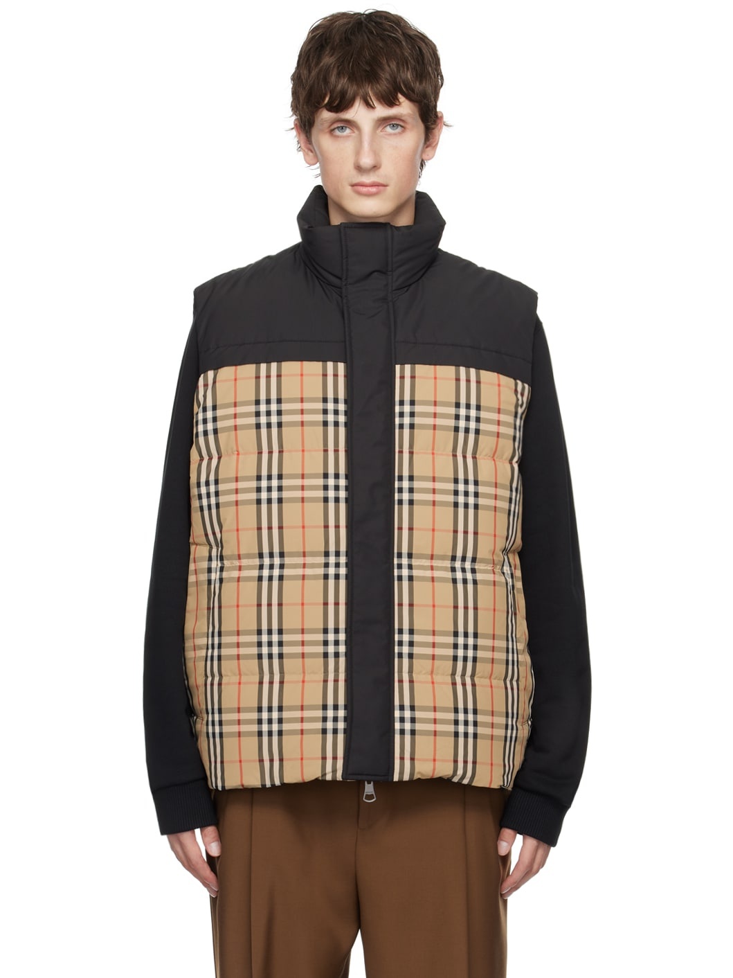 Beige & Black Check Reversible Down Vest - 1