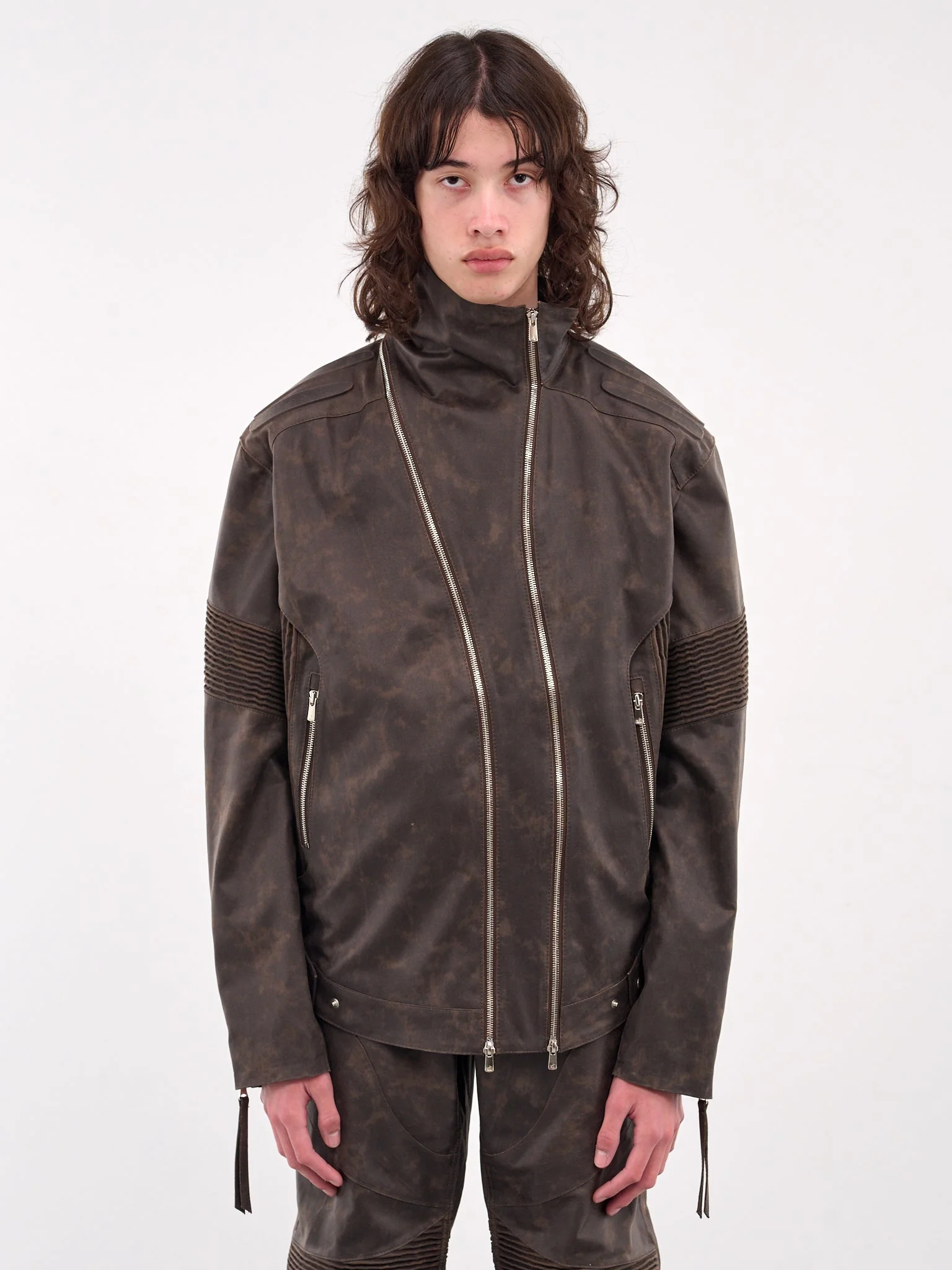 Asymmetrical Embossing Leather Jacket - 1